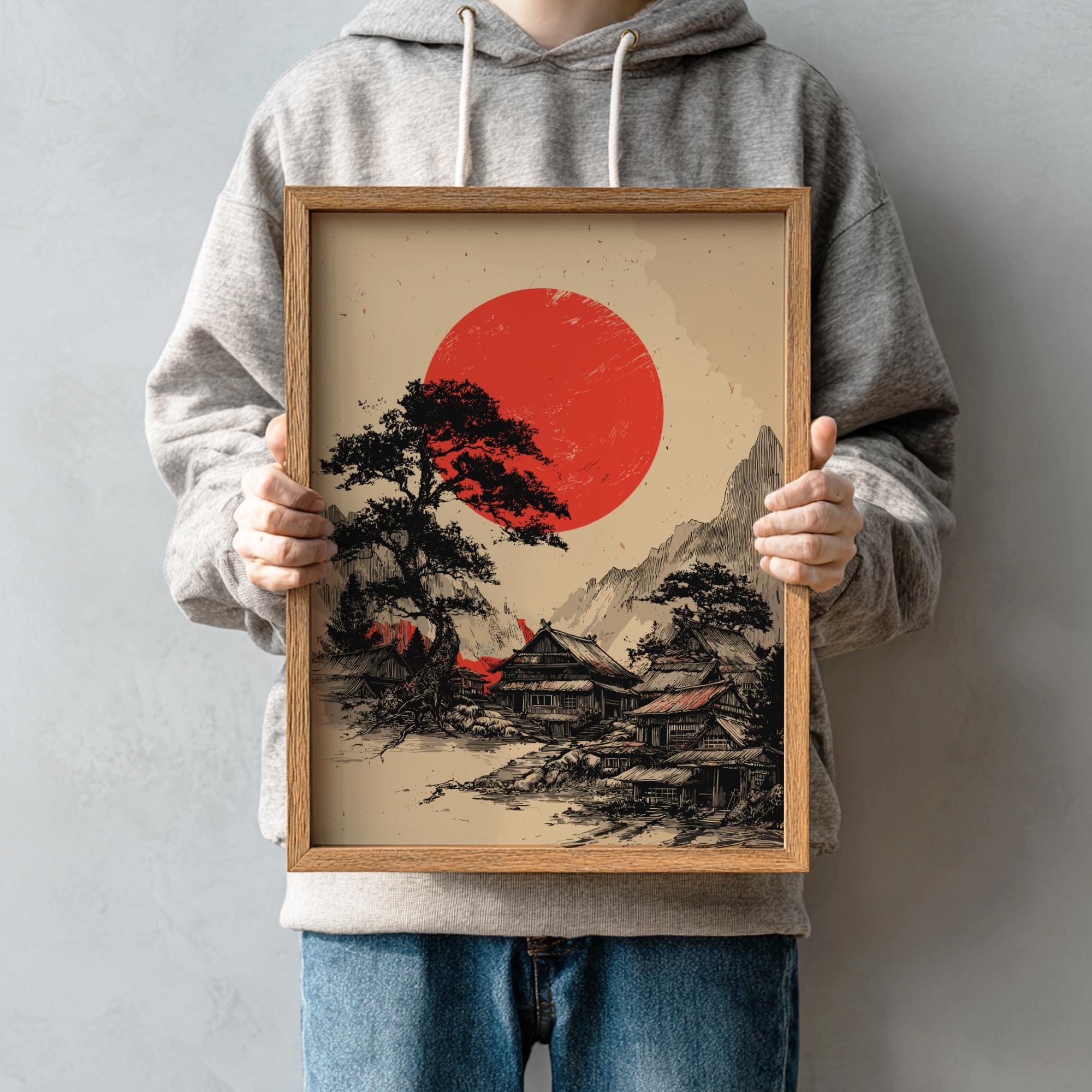 Japanese Landscape Art Print – Red Sun & Pine Tree Woodblock Style