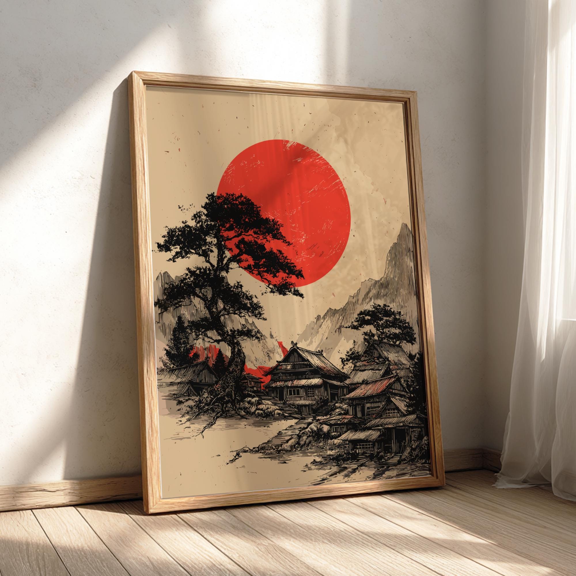 Japanese Landscape Art Print – Red Sun & Pine Tree Woodblock Style