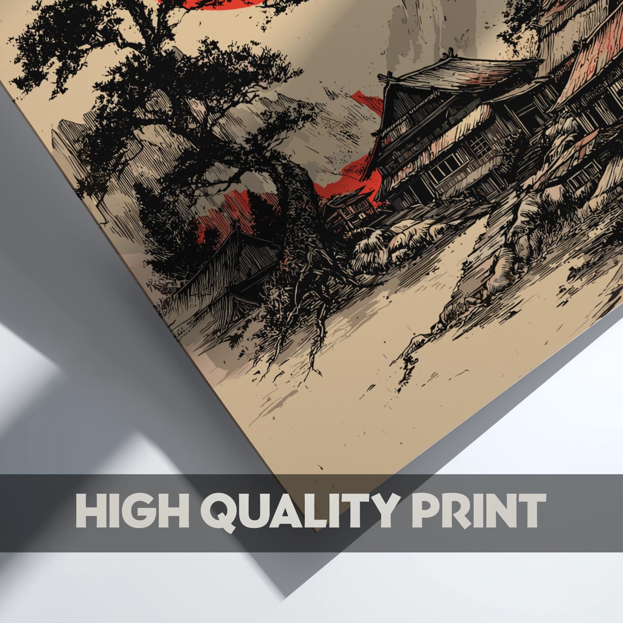 Japanese Landscape Art Print – Red Sun & Pine Tree Woodblock Style