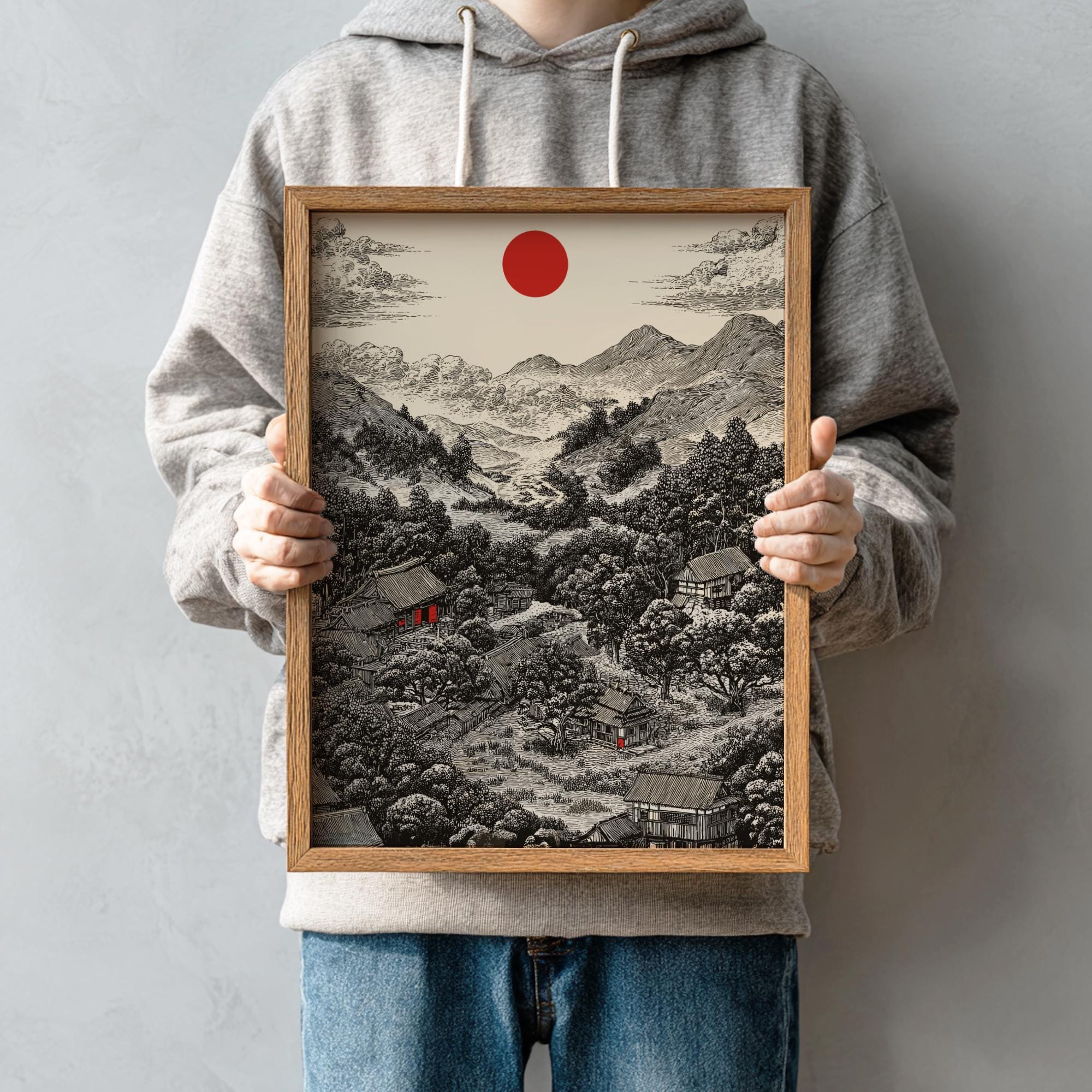 Japanese Mountain Print – Sumi-e Ink Drawing Red Sun Landscape for