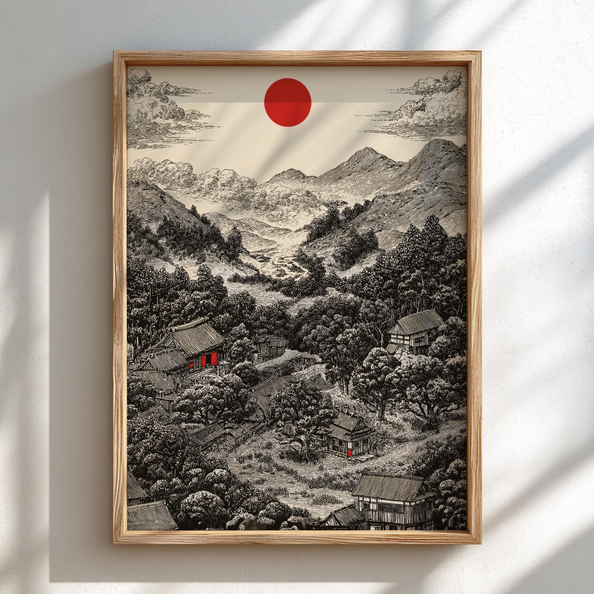 Japanese Mountain Print – Sumi-e Ink Drawing Red Sun Landscape for