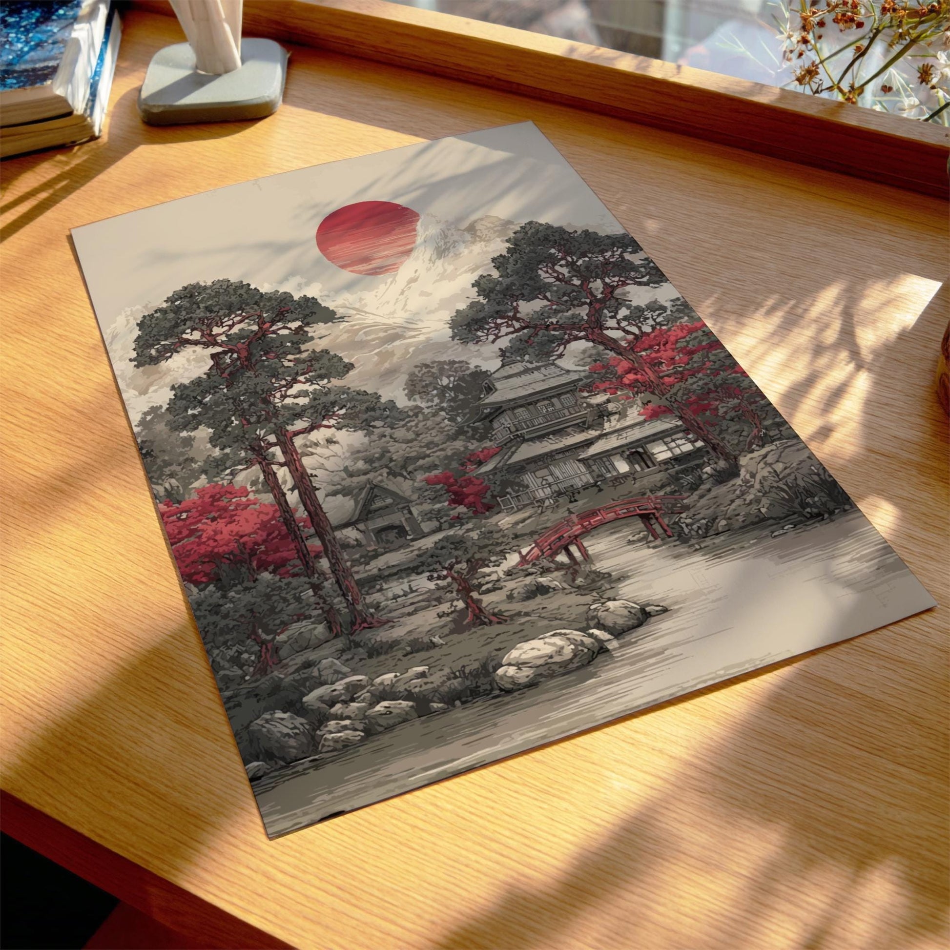 Japanese Garden Print: Sumi-e Red Bridge, Temple Art