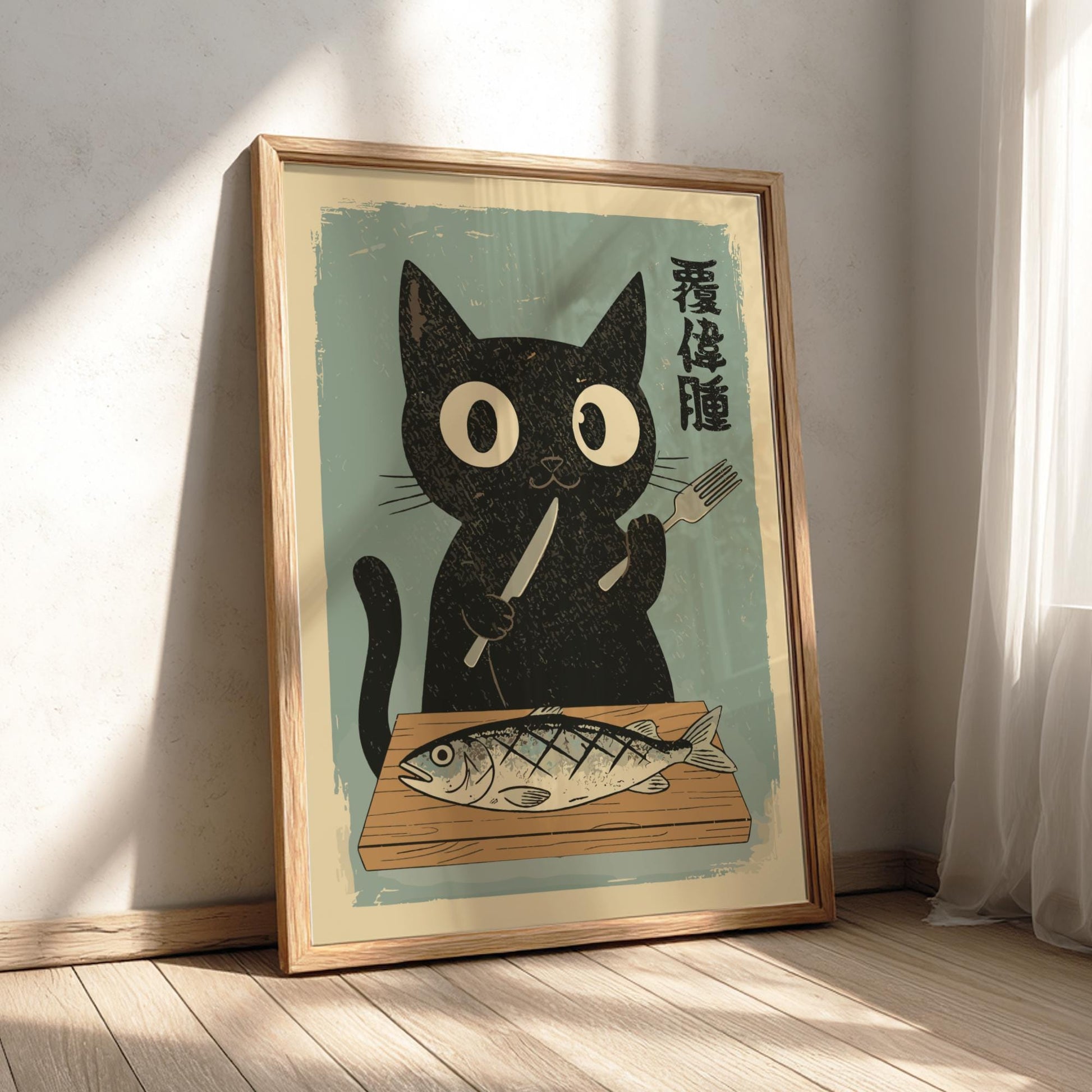 Cat Eating Fish Art Print