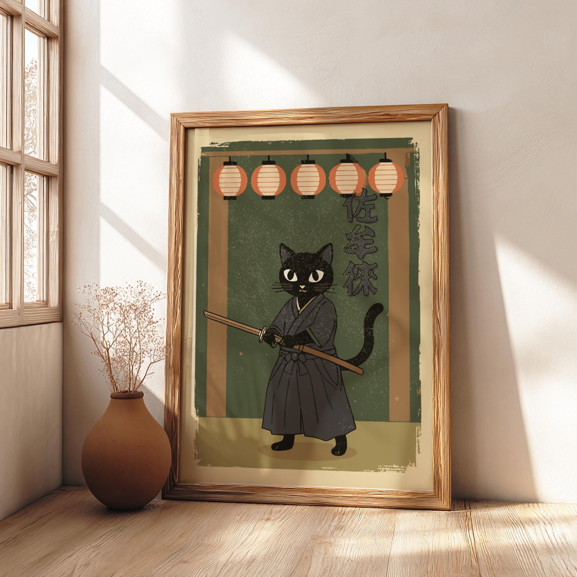 Samurai Cat with Lanterns Print