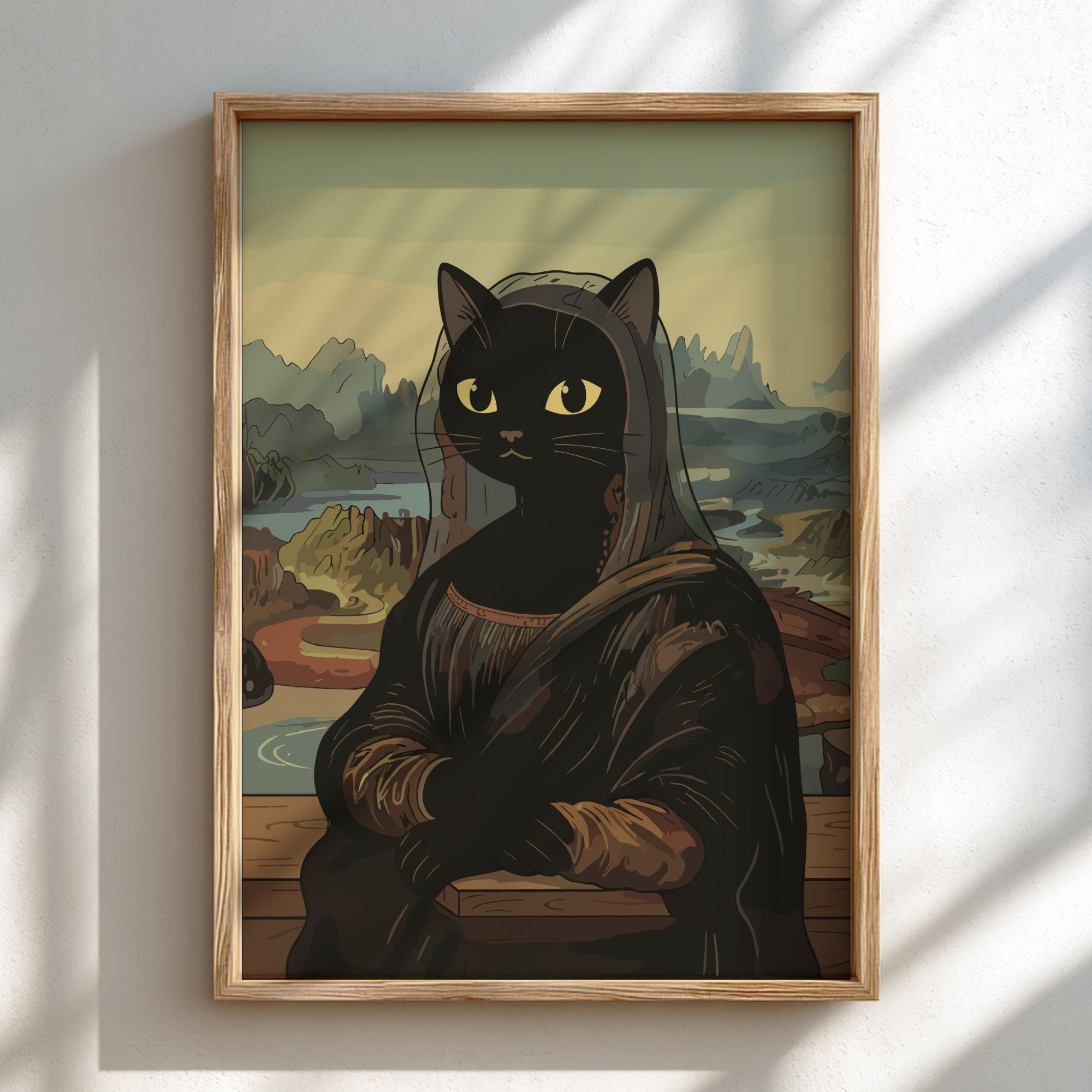 Black Cat Mona Lisa Art Print – Funny Ukiyo-e Parody Japanese Wall