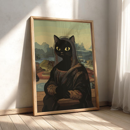 Black Cat Mona Lisa Poster, Funny Art Parody Print