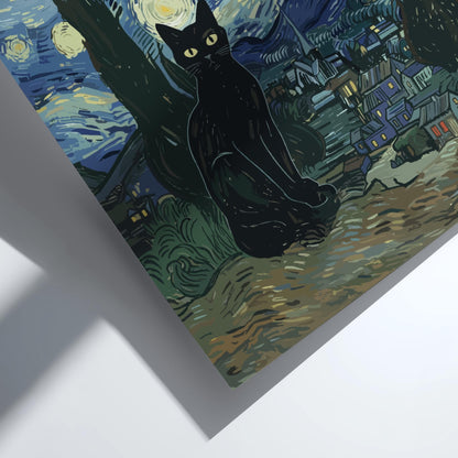 Black Cat Starry Night Poster, Van Gogh Art Parody Print