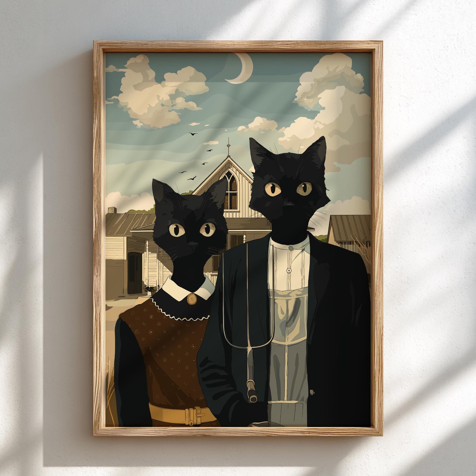 American Gothic Black Cats Poster, Funny Parody Art Print
