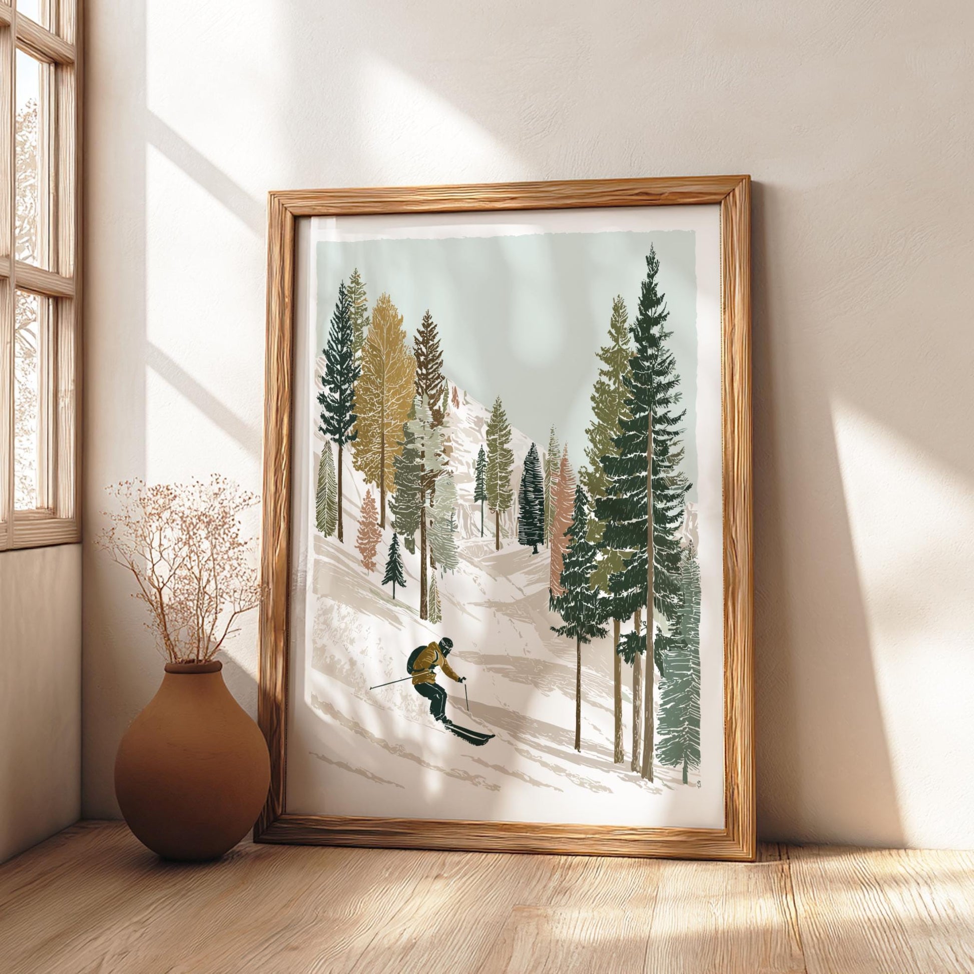 Ski Over Powder Peaks - Pastel Mountain Skiing Poster - Serene Nature Wall Decor Poster