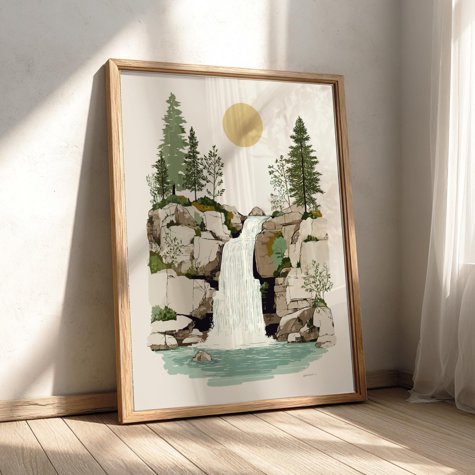 Golden Cascade - Pastel Waterfall Poster - Serene Nature Wall Decor Poster