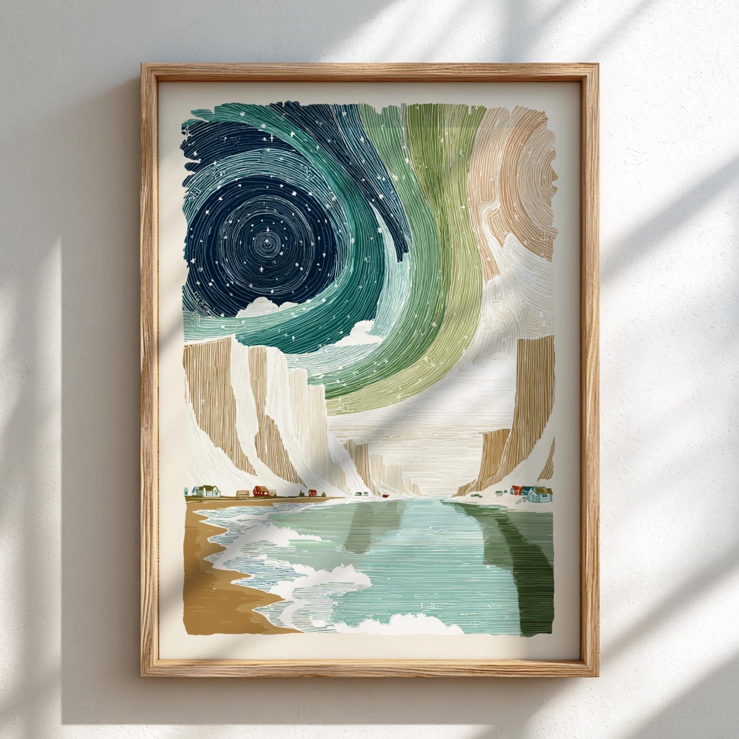 Cliffside Aurora Dance - Pastel Aurora Borealis Poster - Serene Nature Wall Decor Print