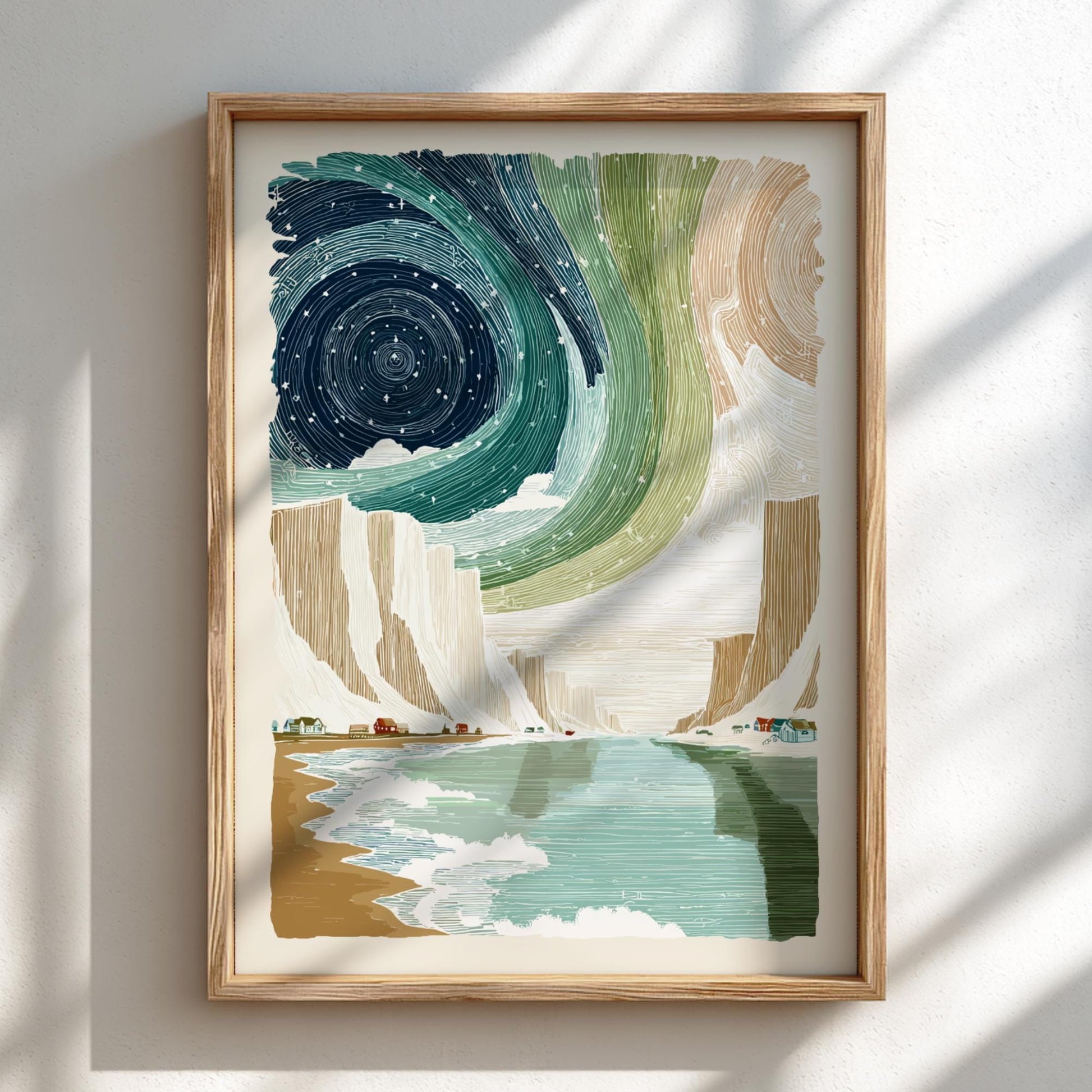 Cliffside Aurora Dance - Pastel Aurora Borealis Poster - Serene Nature Wall Decor Print