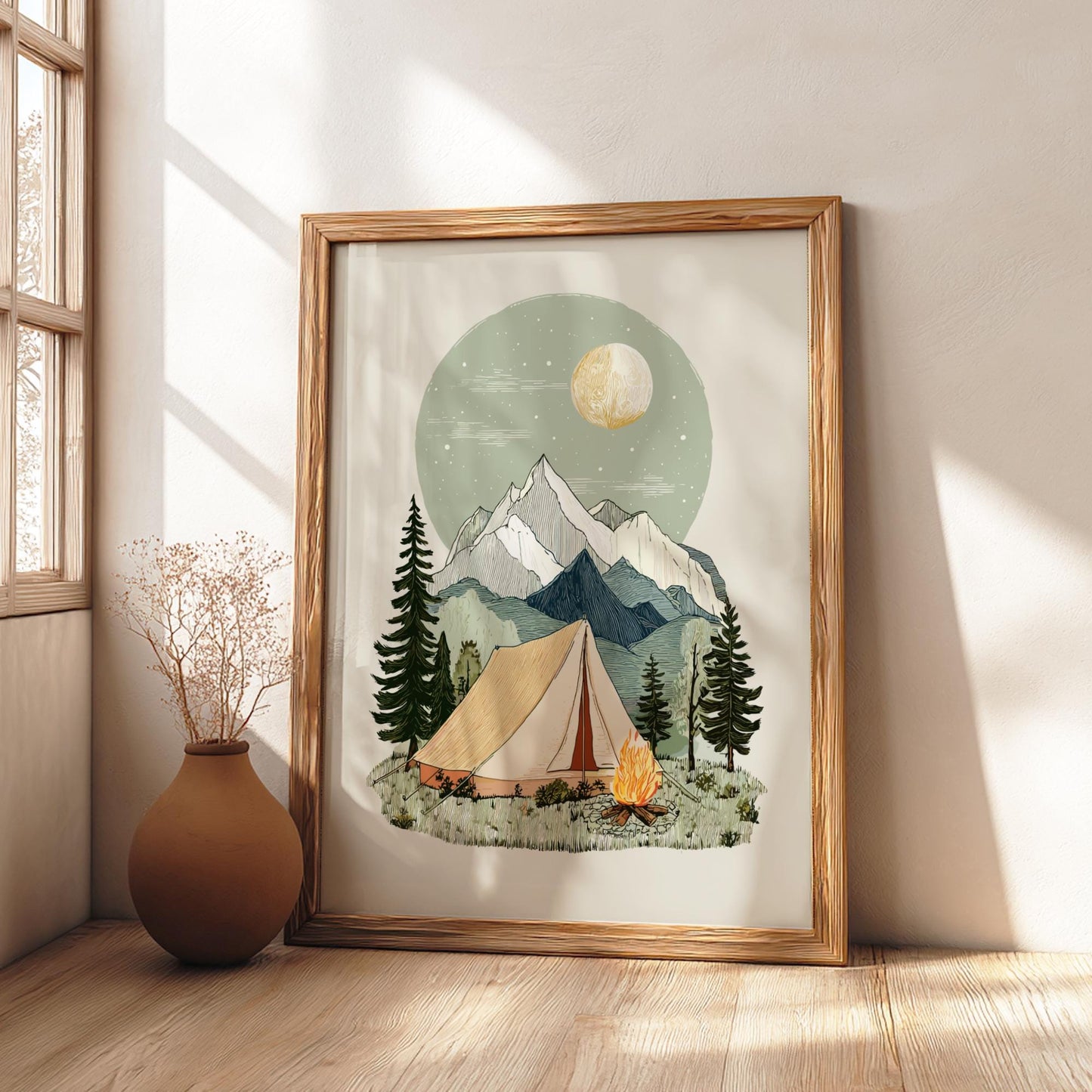 Campfire Horizon Glow - Pastel Camping Poster - Serene Nature Wall Decor Print