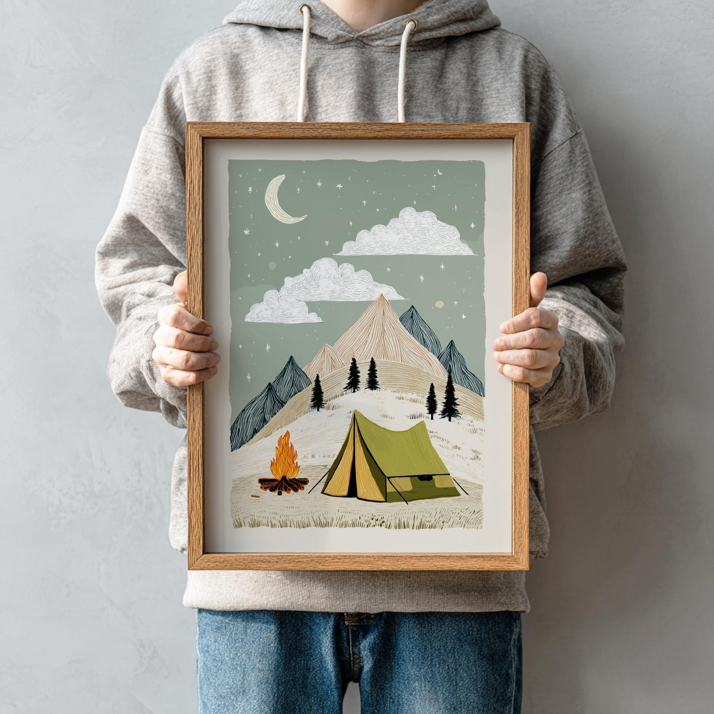 Camp Under the Moon - Pastel Camping Poster - Serene Nature Wall Decor Print