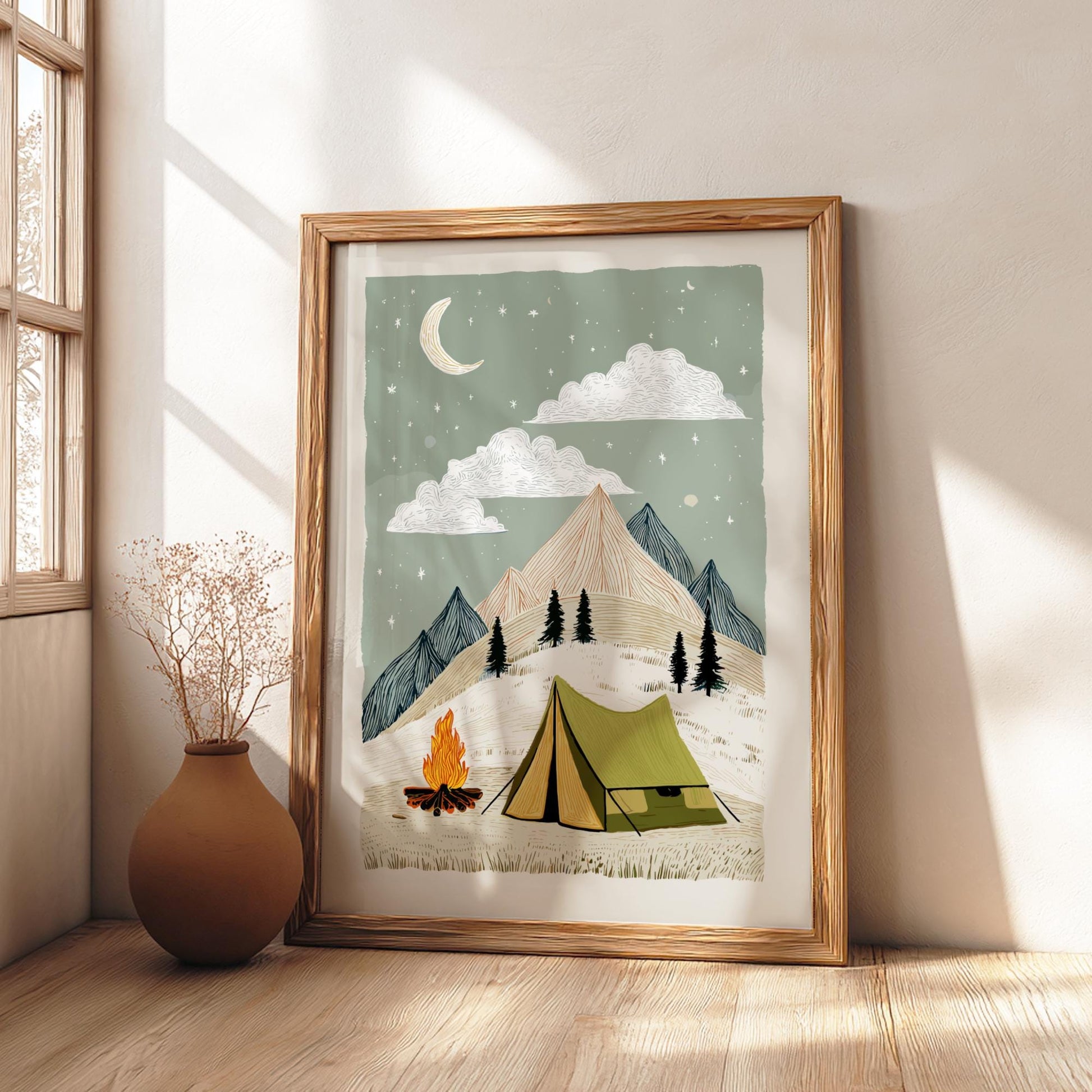Camp Under the Moon - Pastel Camping Poster - Serene Nature Wall Decor Print