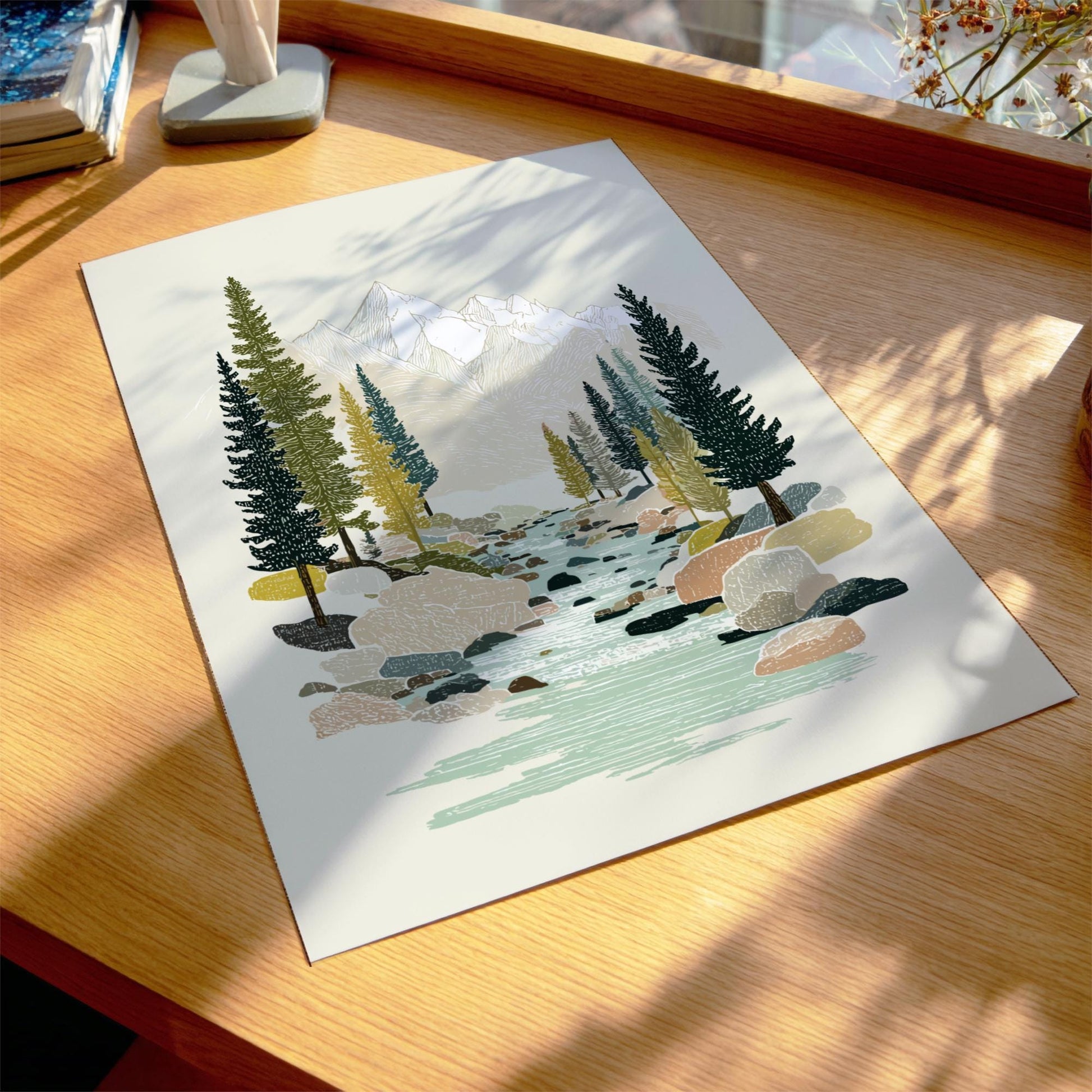 Brookside Pines - Pastel Pine Forest Creek Poster - Serene Nature Wall Decor Print