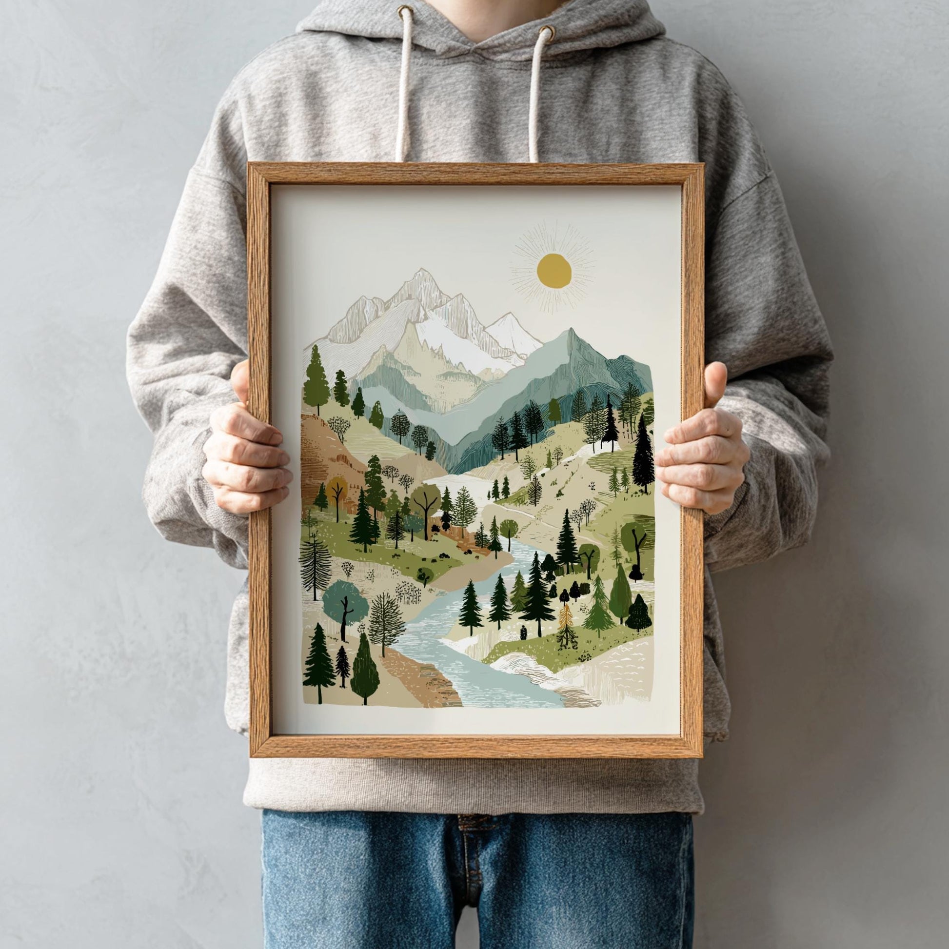 Alpine Glow Haven - Pastel Mountain Creek Poster - Serene Nature Wall Decor Print