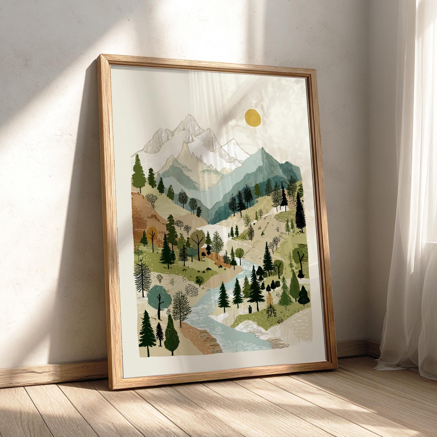 Alpine Glow Haven - Pastel Mountain Creek Poster - Serene Nature Wall Decor Print