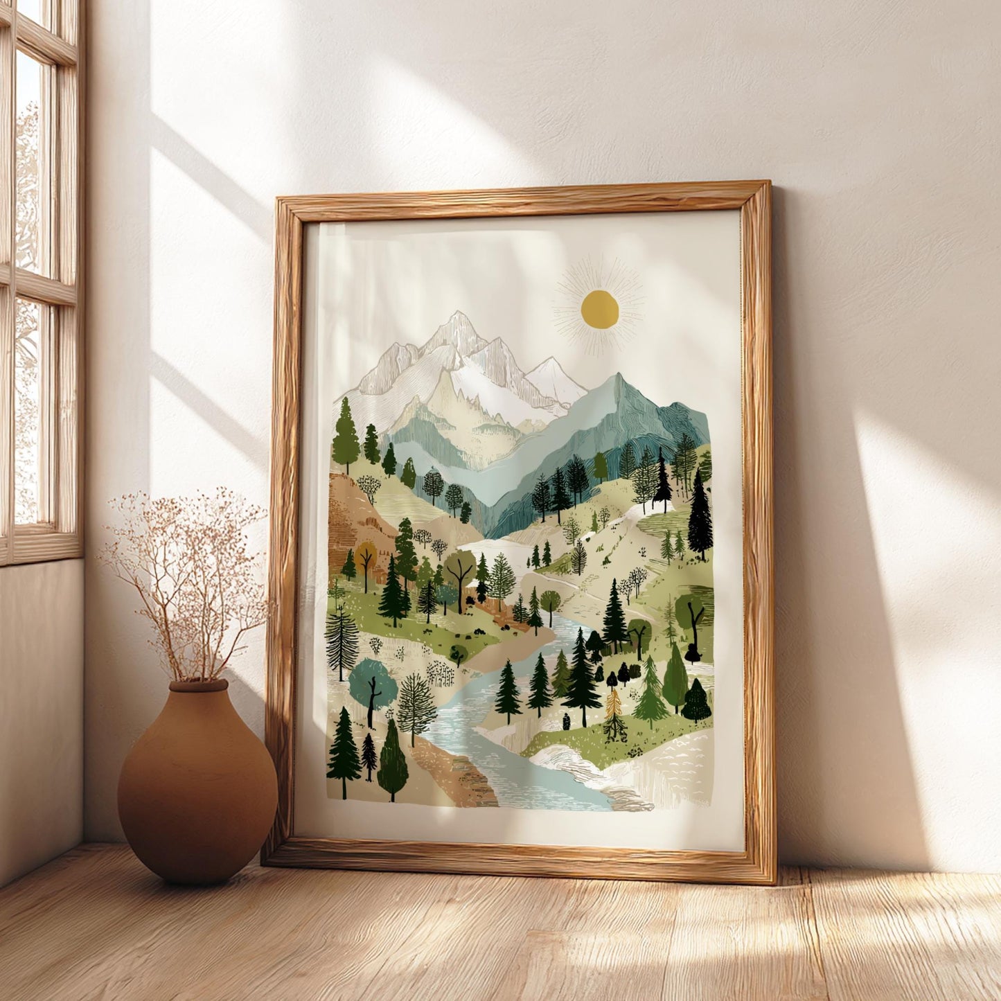 Alpine Glow Haven - Pastel Mountain Creek Poster - Serene Nature Wall Decor Print