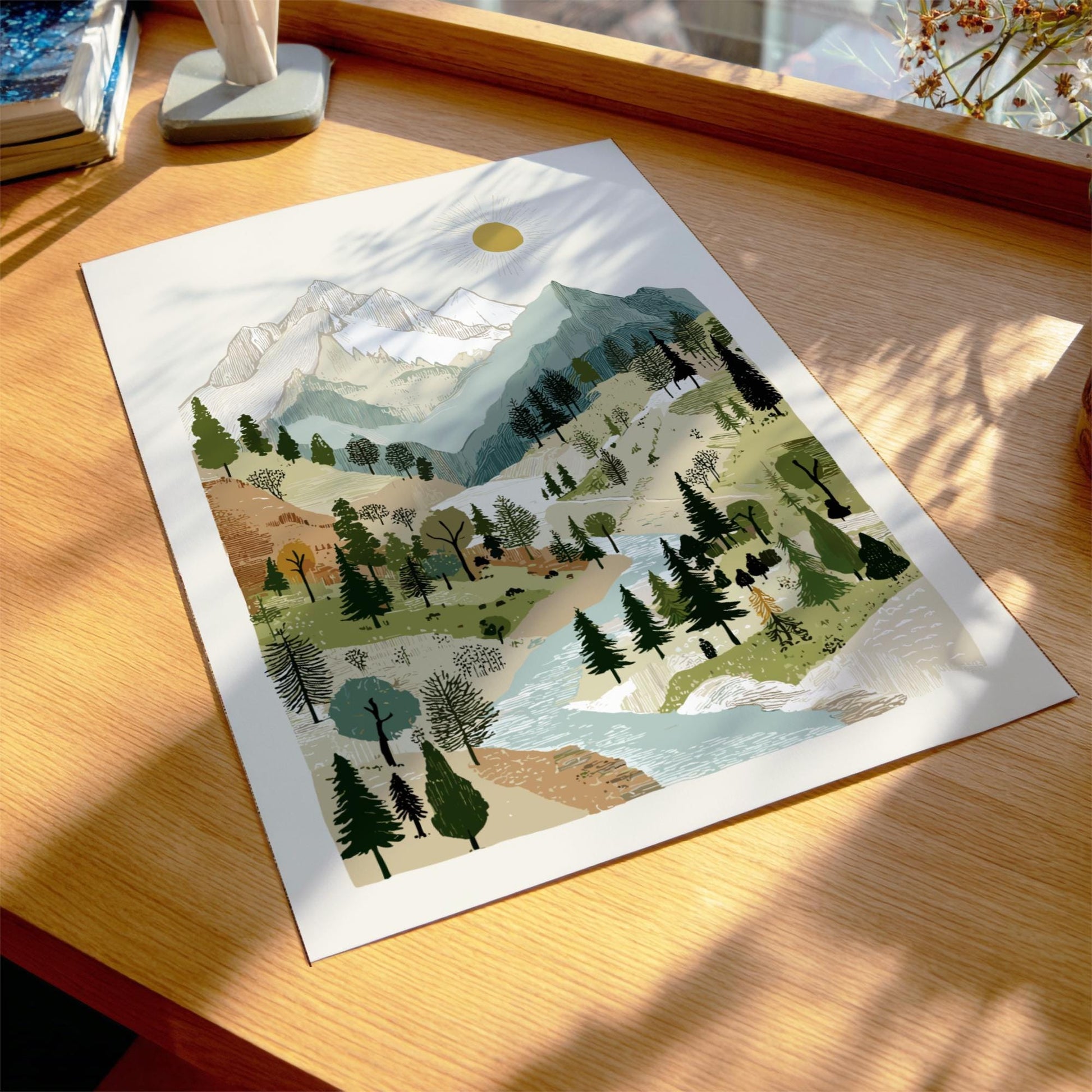 Alpine Glow Haven - Pastel Mountain Creek Poster - Serene Nature Wall Decor Print