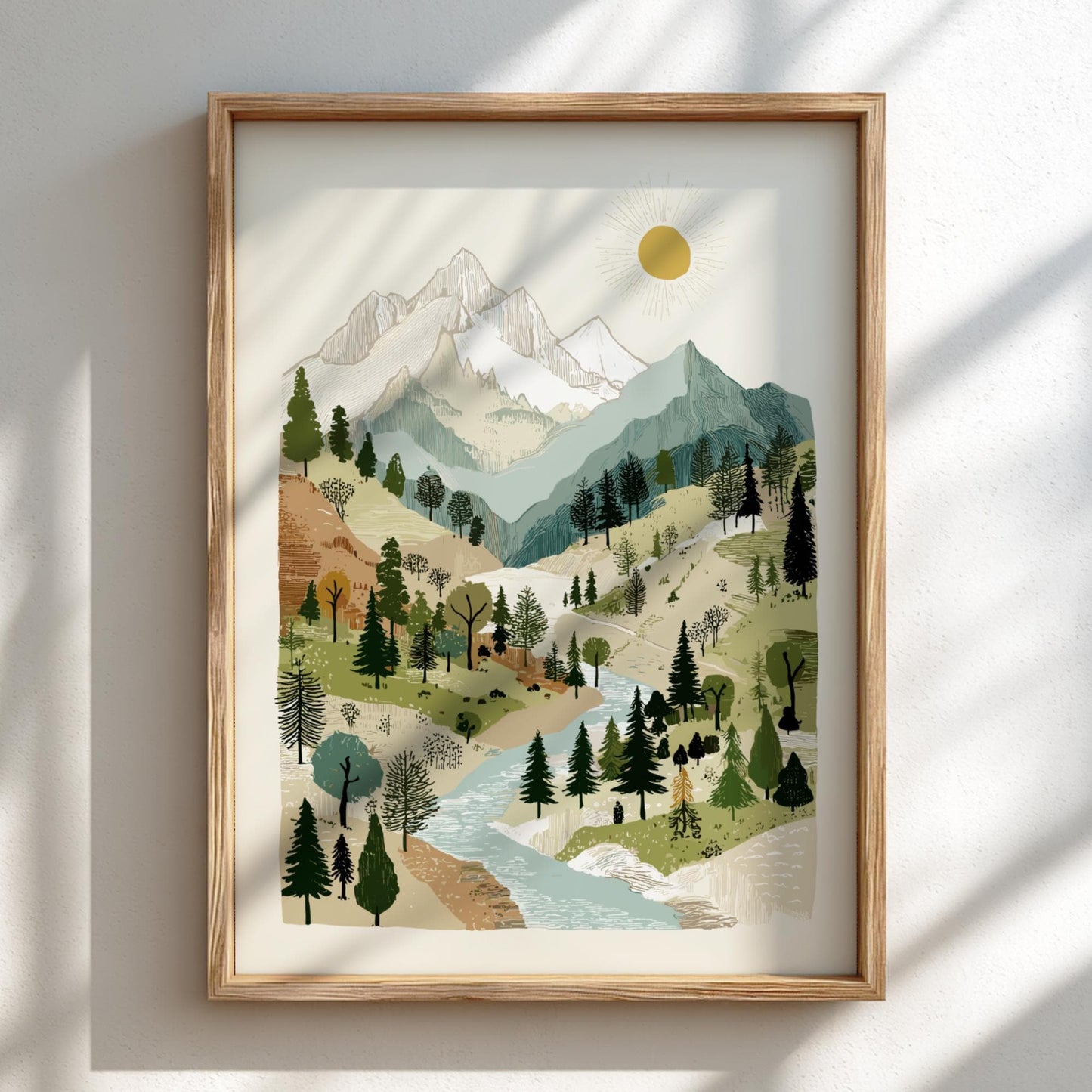 Alpine Glow Haven - Pastel Mountain Creek Poster - Serene Nature Wall Decor Print
