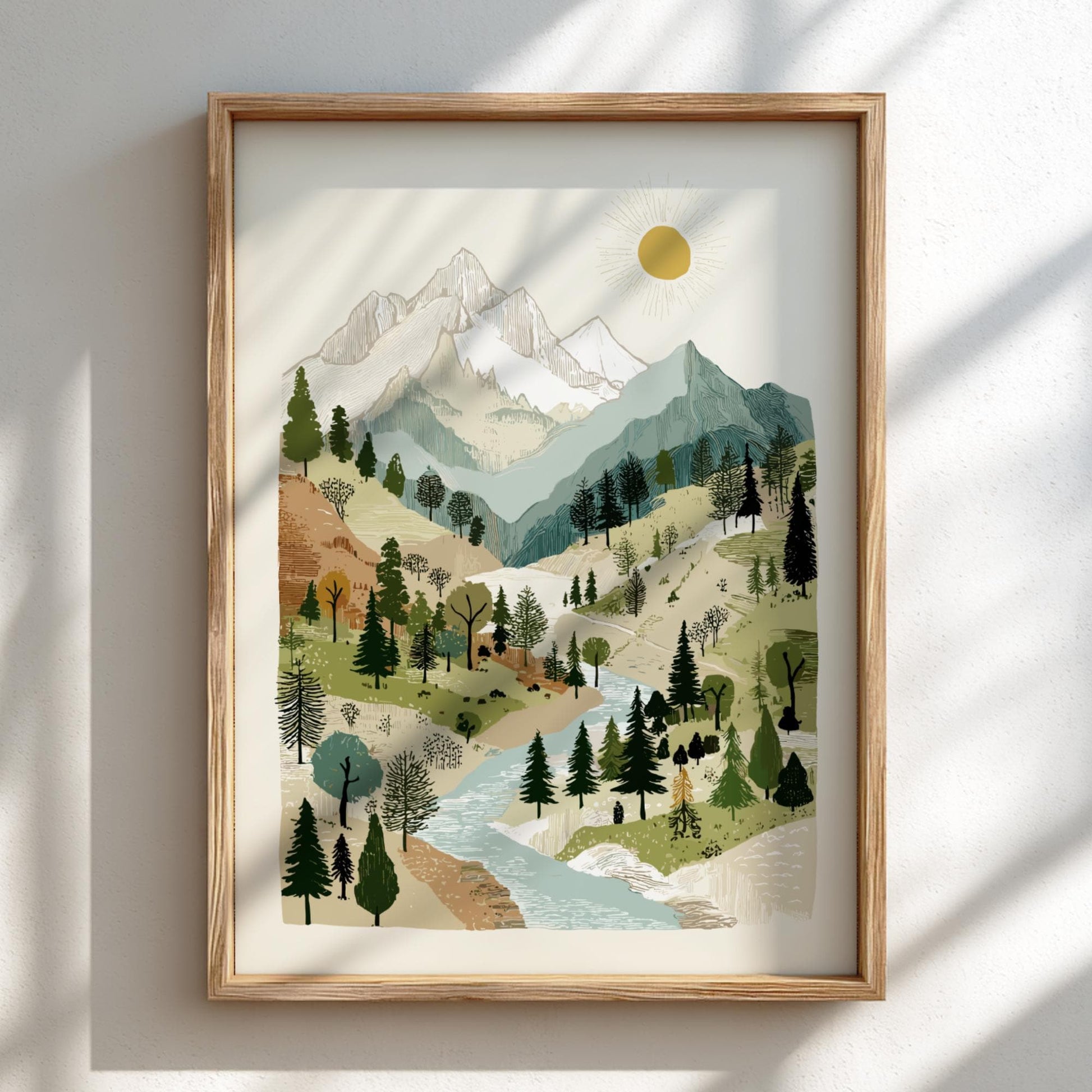 Alpine Glow Haven - Pastel Mountain Creek Poster - Serene Nature Wall Decor Print