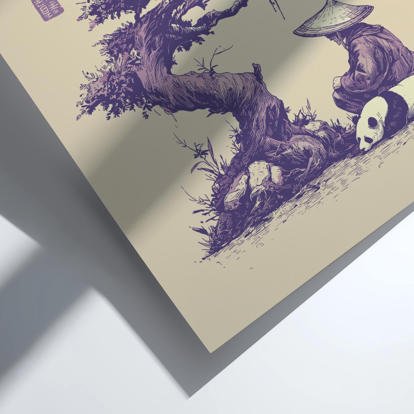 Meditative Panda & Monk Art Print | Japanese Style Ink Sketch | &#39;In Peace&#39; Kanji Wall Decor | Tranquil Zen Home Decor
