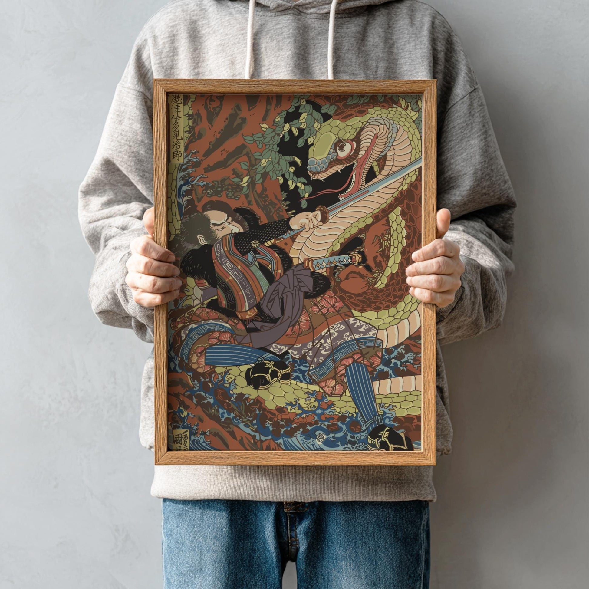 Matsui Tamijiro Fighting Giant Snake Kuniyoshi Print, Honcho Musha Kagami Ukiyo-e, Edo Japanese Woodblock