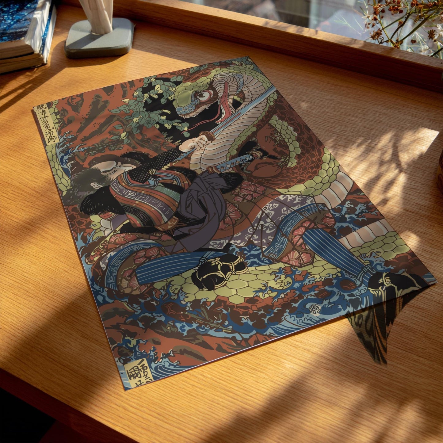 Matsui Tamijiro Fighting Giant Snake Kuniyoshi Print, Honcho Musha Kagami Ukiyo-e, Edo Japanese Woodblock