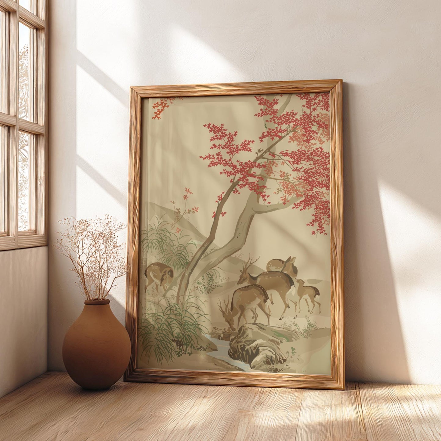 Five Deer Under Red Maples, Mori Tetsuzan Print, Japanese Autumn Landscape Ukiyo-e Art