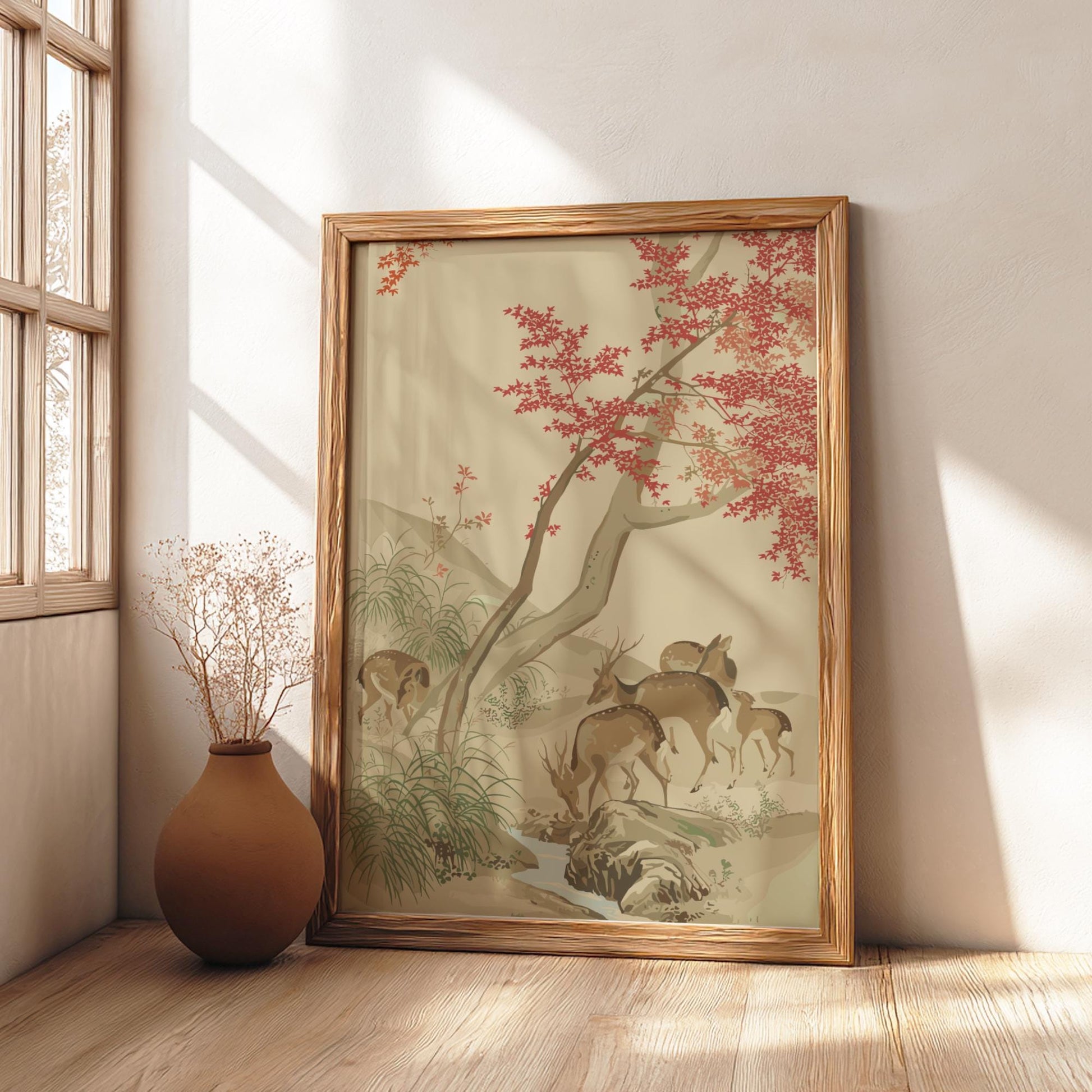 Five Deer Under Red Maples, Mori Tetsuzan Print, Japanese Autumn Landscape Ukiyo-e Art