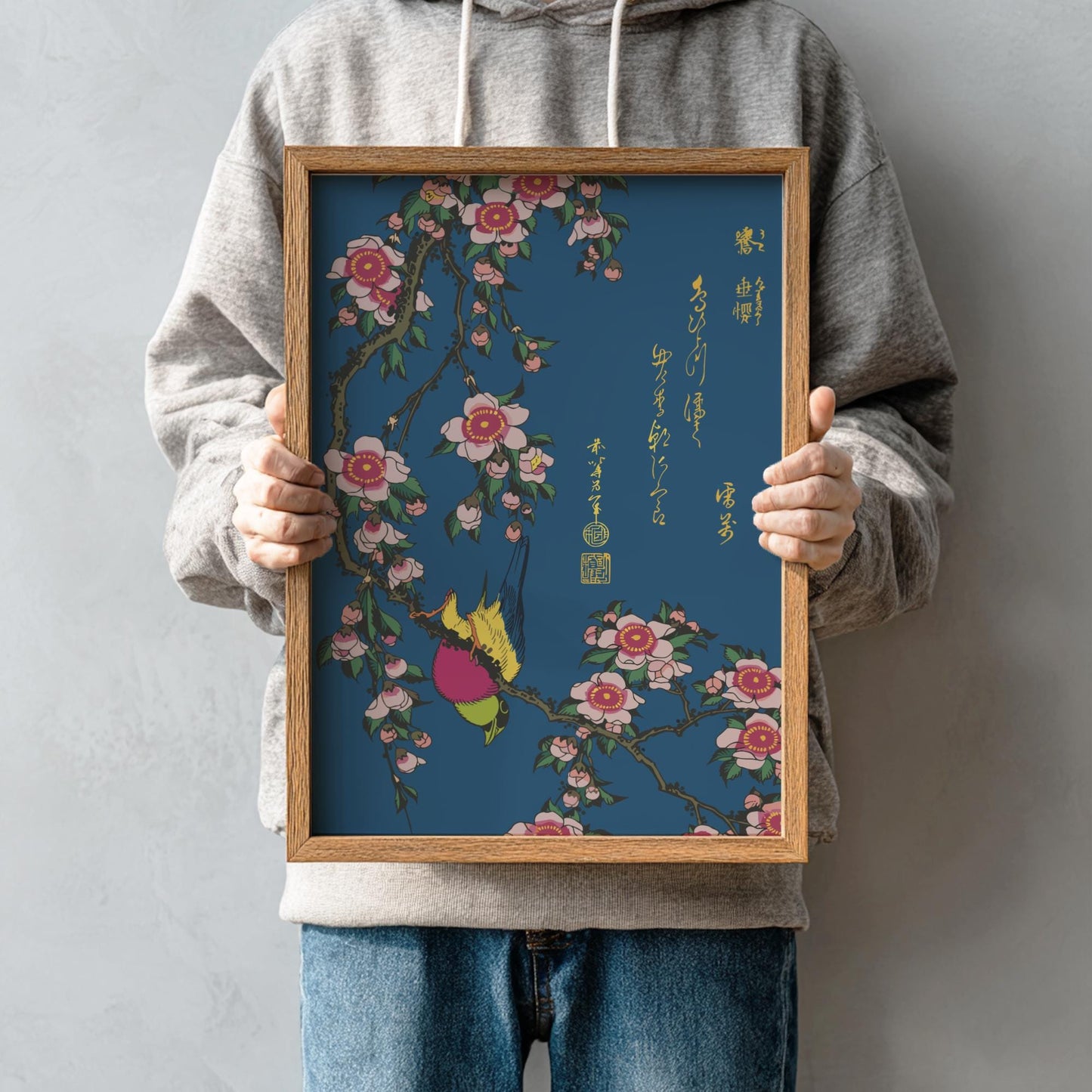 Bullfinch and Weeping Cherry Hokusai Print, Uso Shidare-zakura Ukiyo-e, Japanese Woodblock Art