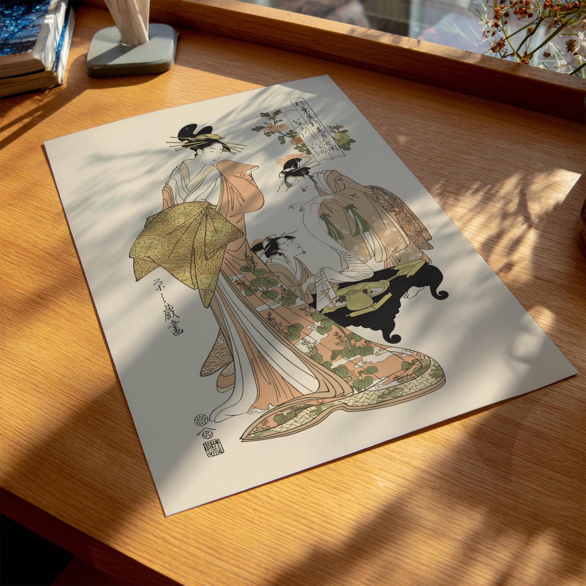 Opening of the New Matsubaya Eishi Print, Nakagawa with Attendants Ukiyo-e, Edo Japanese Woodblock Art