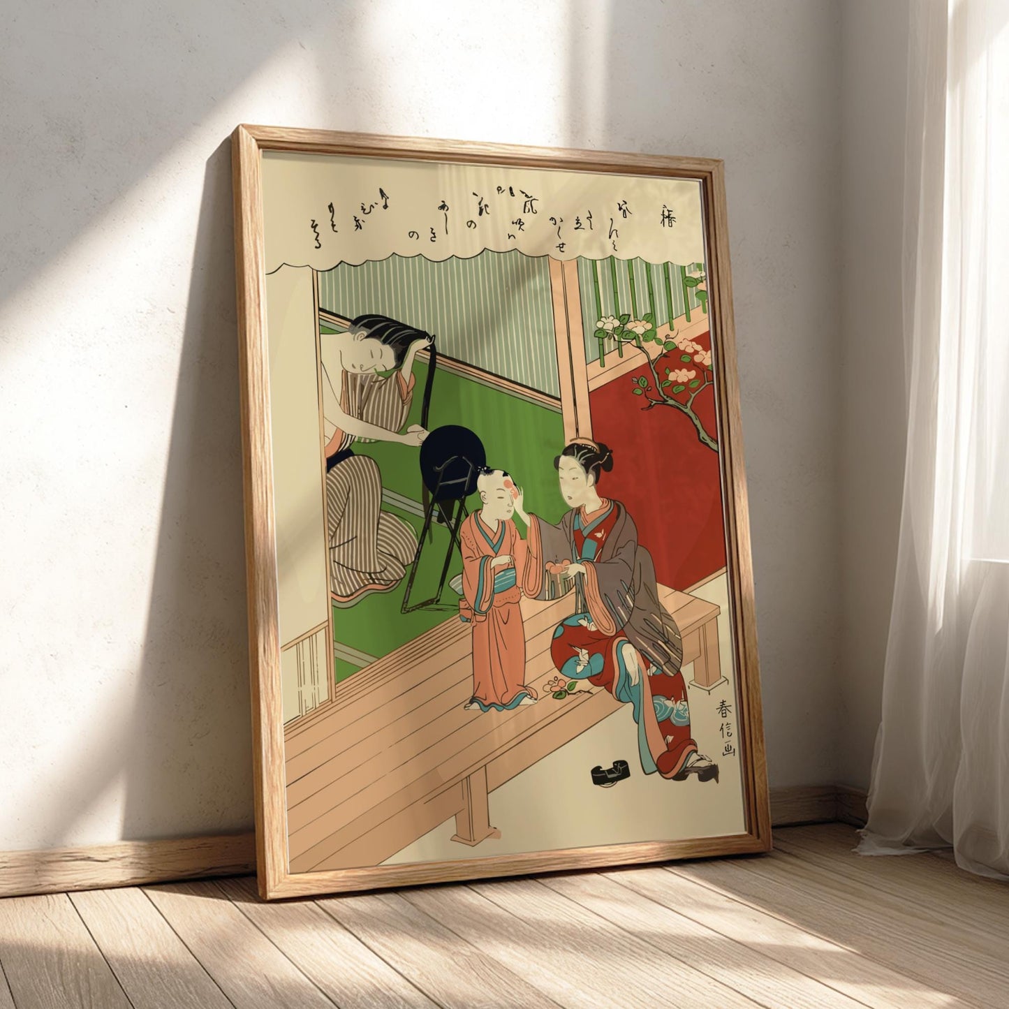 Tsubaki Camellia Harunobu Print, Edo Meiwa Era Ukiyo-e, Japanese Woodblock Art of Women and Child