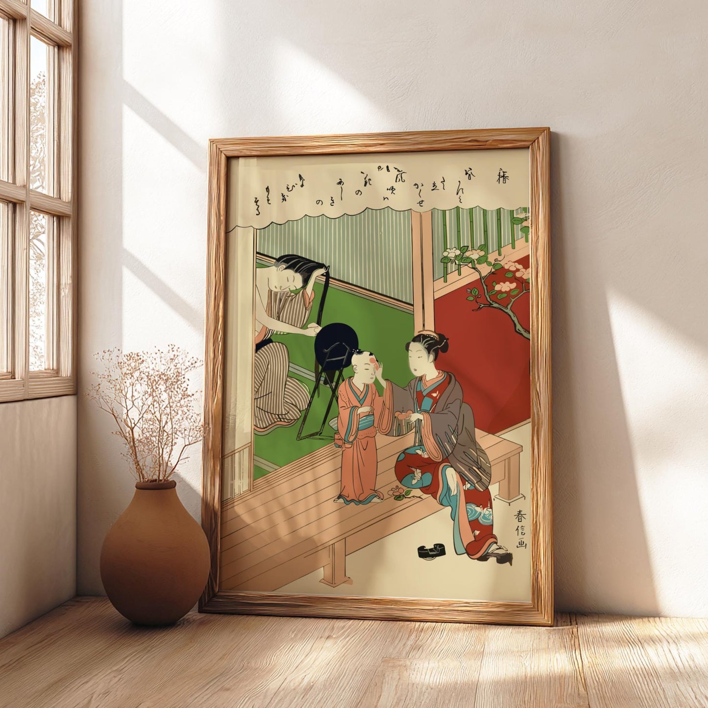 Tsubaki Camellia Harunobu Print, Edo Meiwa Era Ukiyo-e, Japanese Woodblock Art of Women and Child