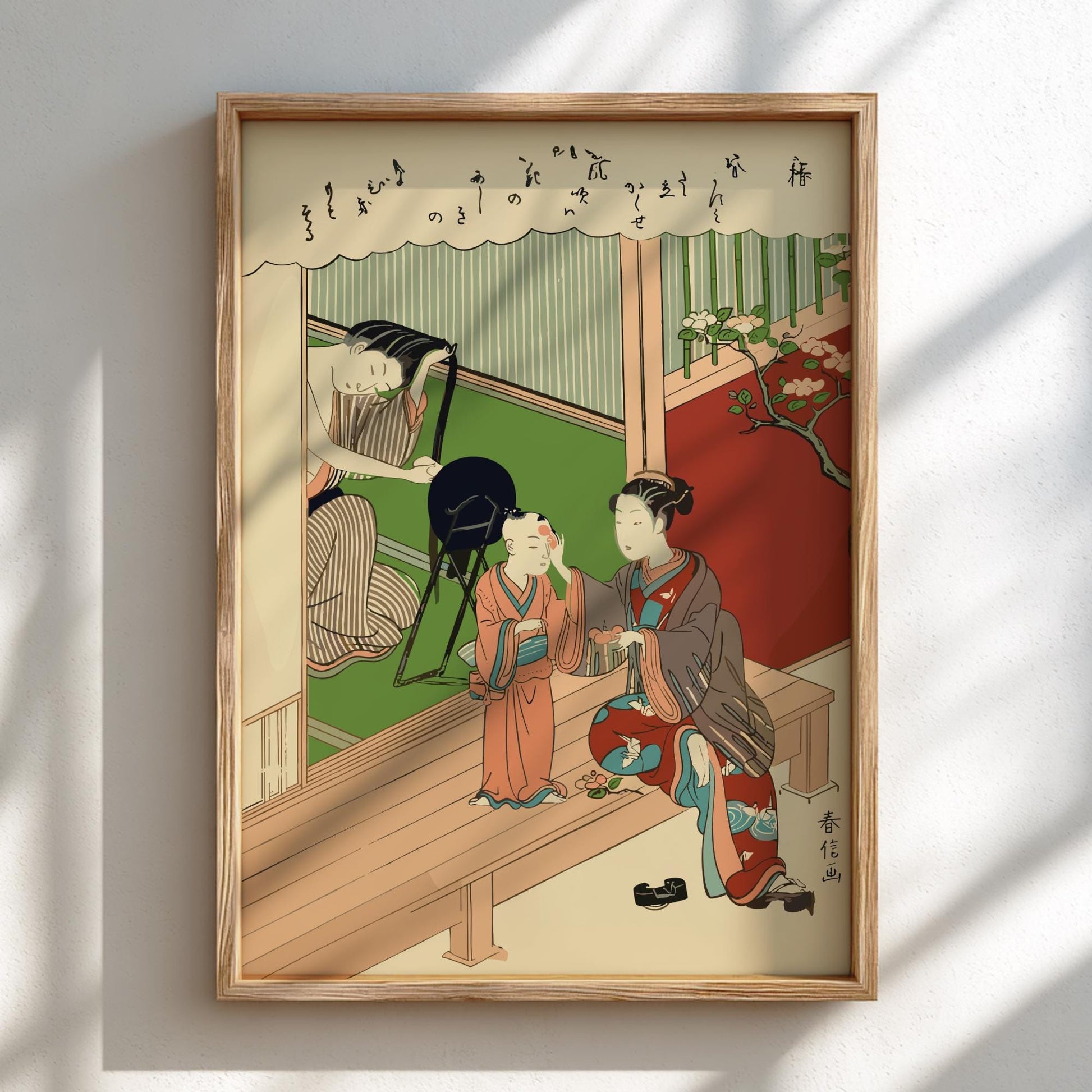 Tsubaki Camellia Harunobu Print, Edo Meiwa Era Ukiyo-e, Japanese Woodblock Art of Women and Child