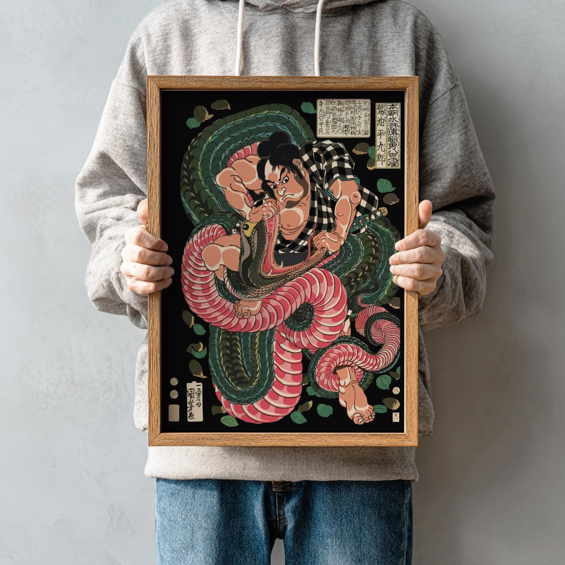 Utagawa Kuniyoshi Honchō Suikoden Ukiyo-e samurai art, featuring Saginoike Heikuro battling a giant snake from Japanese woodblock tradition.