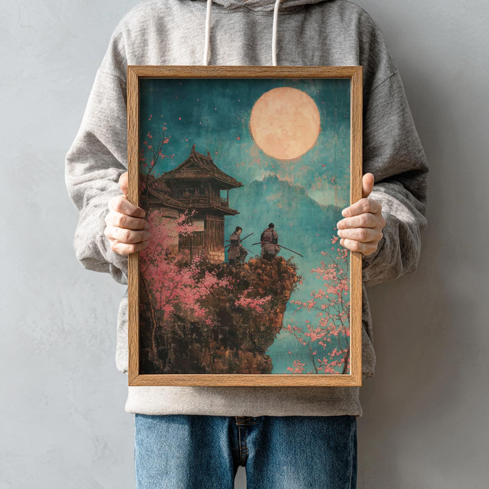 Moonlit Citadel of the Cherry Blossoms - Samurai at Cherry Blossom Castle Print, Vibrant Japanese Ukiyo-e Wall Art, Full Moon Landscape