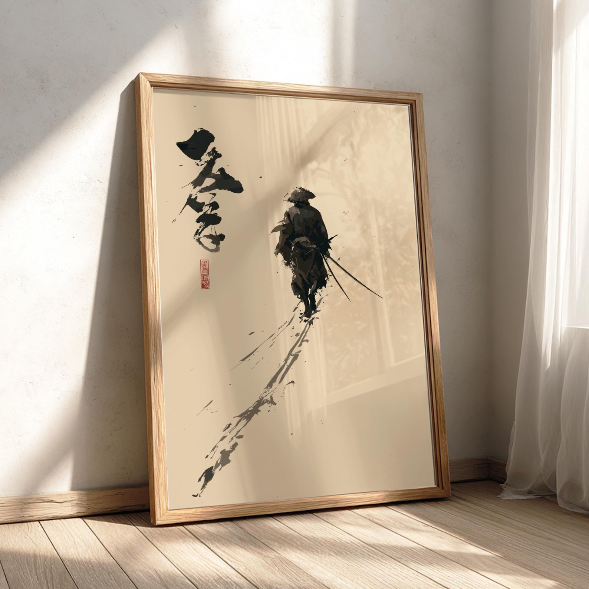 The Brushstroke Wanderer - Samurai and Japanese Calligraphy Print, Monochrome Ink Brush Art, Edo-Inspired Minimalist Wall Decor
