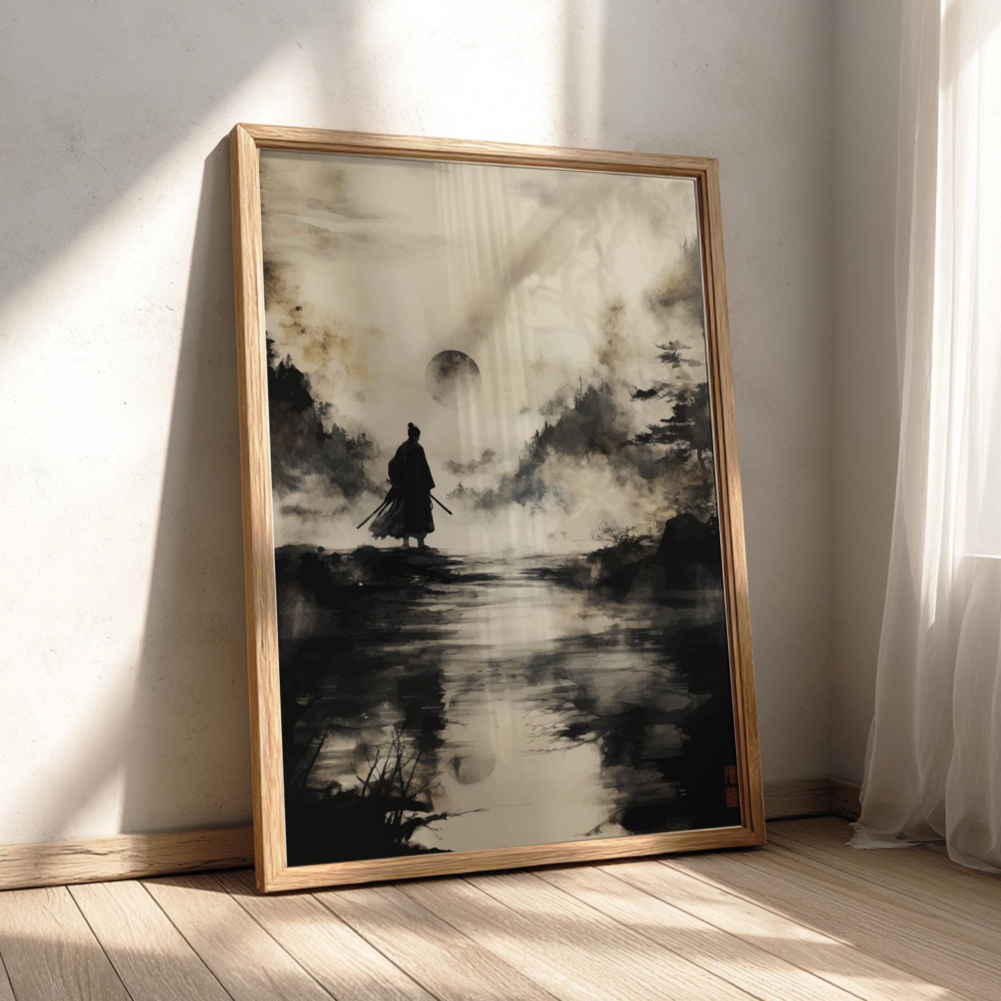Passage on the Silent Water - Lone Samurai by the River Print, Japanese Ink Wash Landscape Art, Moonlit Sumi-e Wall Decor