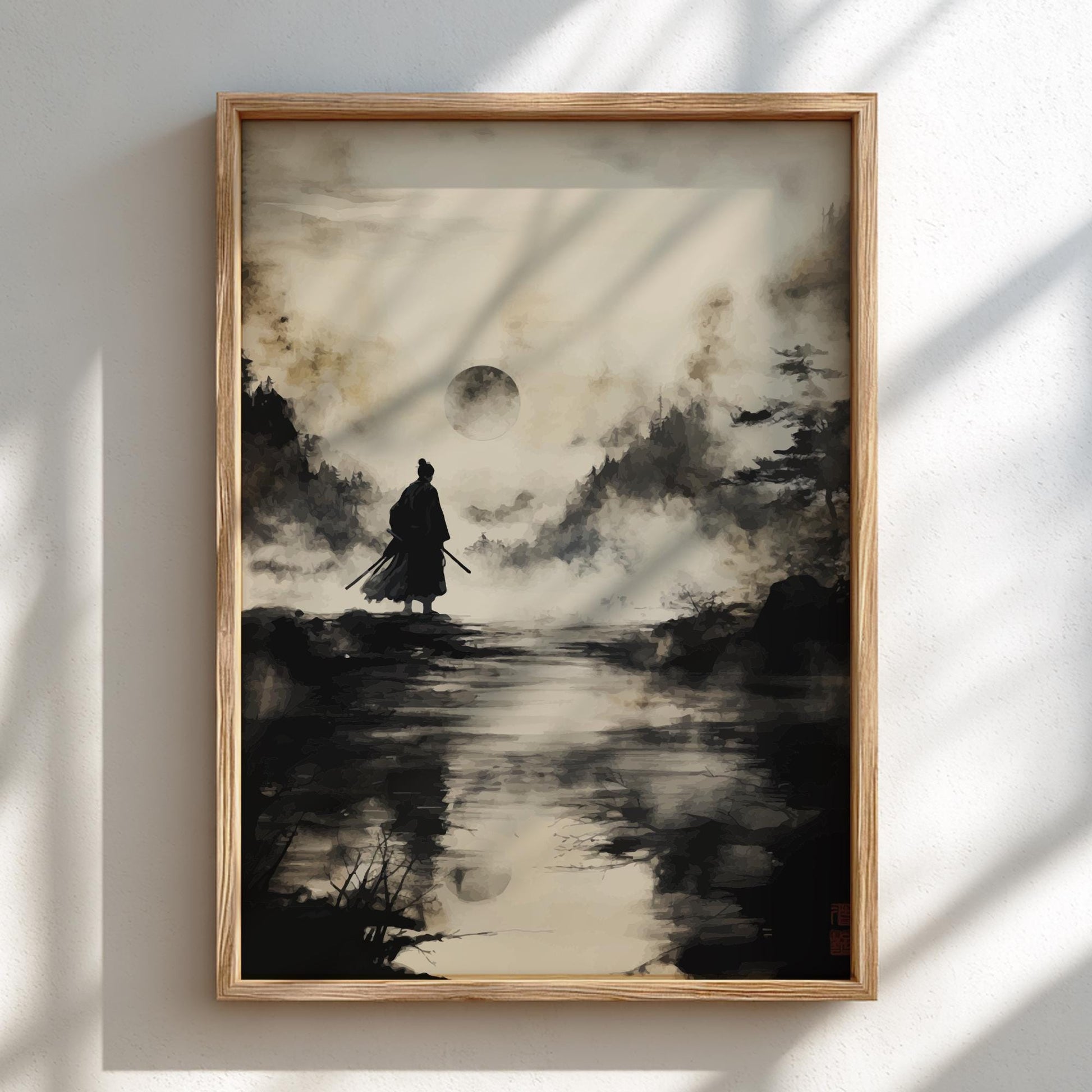 Passage on the Silent Water - Lone Samurai by the River Print, Japanese Ink Wash Landscape Art, Moonlit Sumi-e Wall Decor
