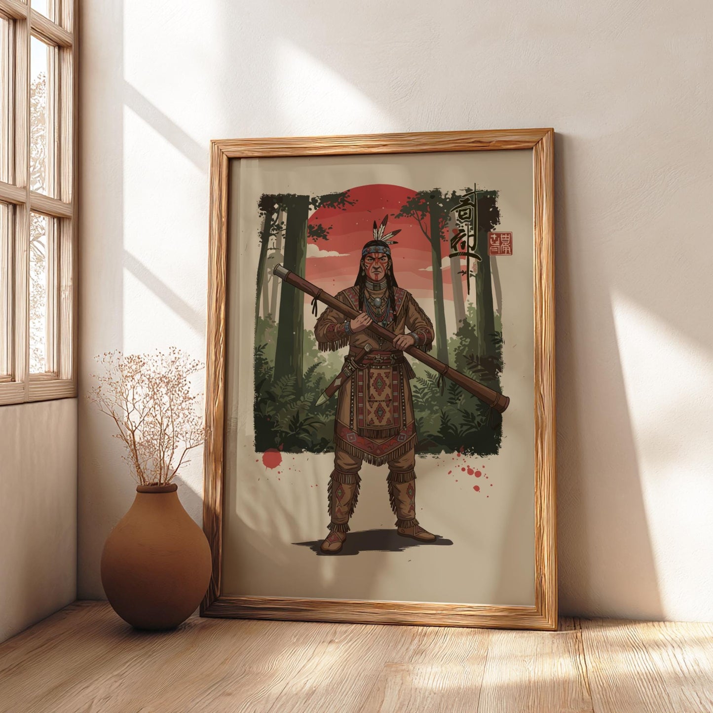 Cherokee Warrior Japanese Ink Art Print, Mixed Media Rising Sun Poster, Sumi-e Style Wall Decor