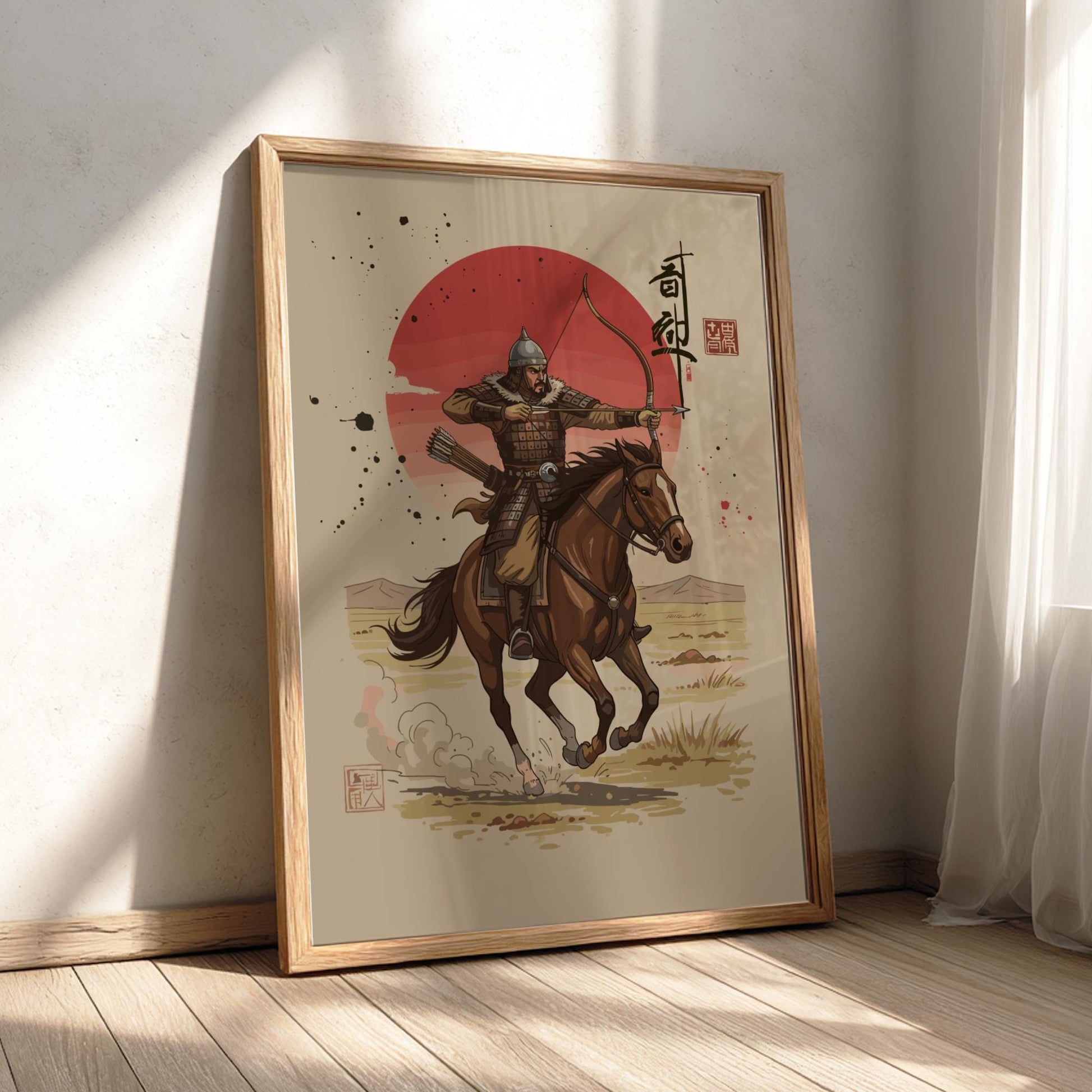 Mongol Archer Japanese Ink Art Print, Mixed Media Rising Sun Poster, Sumi-e Style Warrior Wall Decor