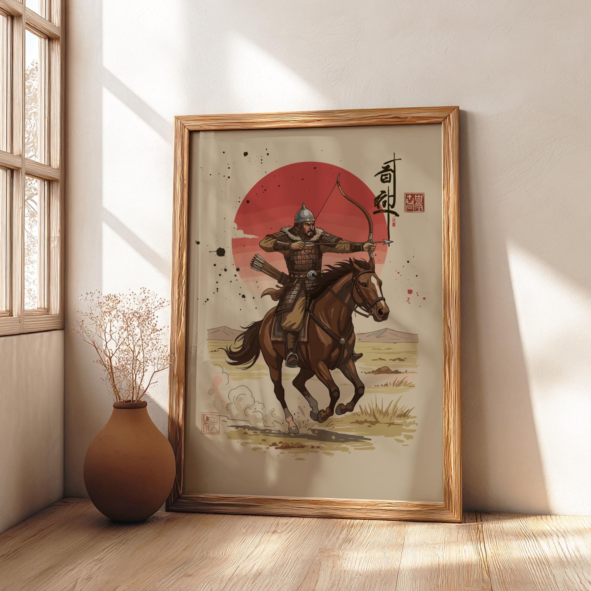 Mongol Archer Japanese Ink Art Print, Mixed Media Rising Sun Poster, Sumi-e Style Warrior Wall Decor