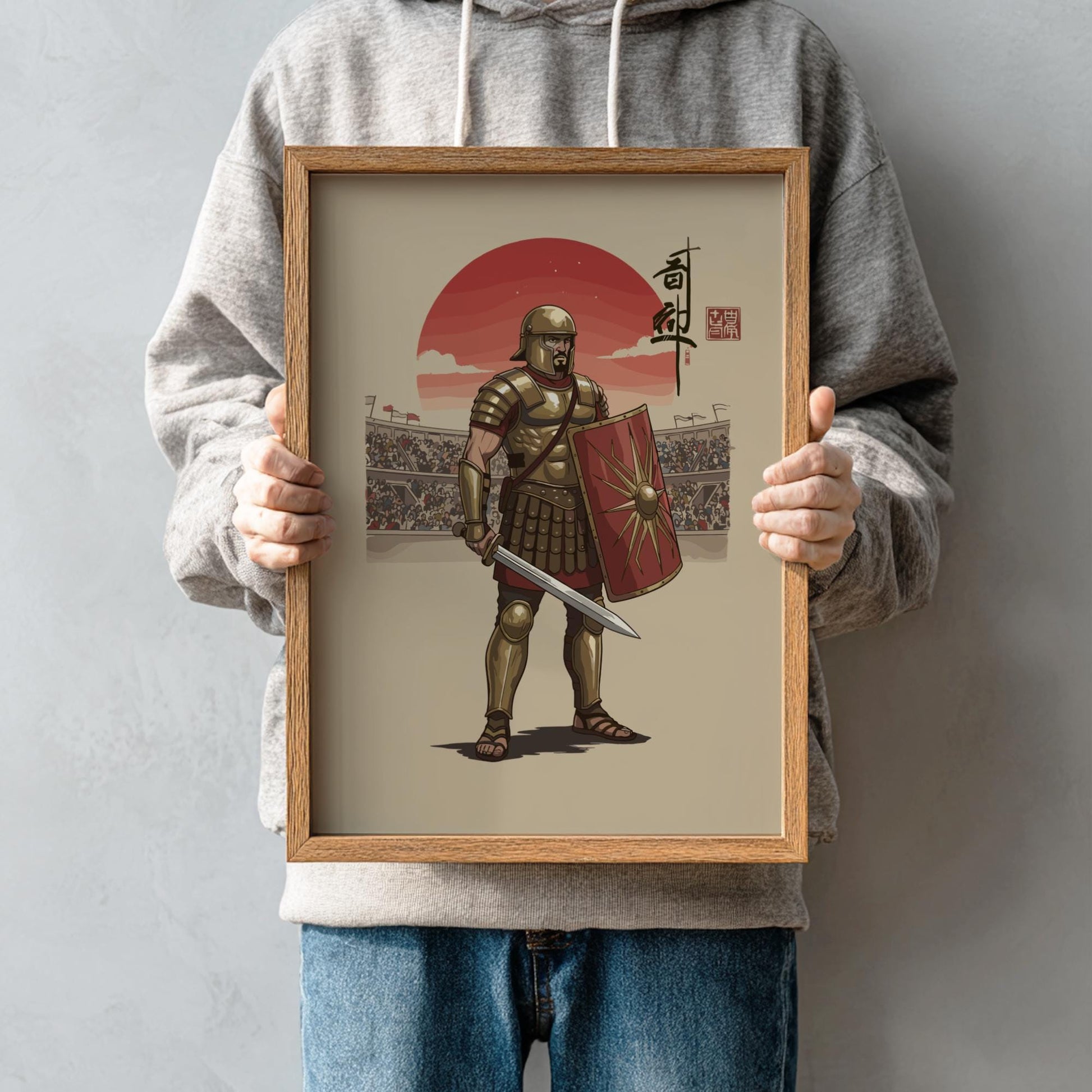 Gladiator Secutor Japanese Ink Art Print, Sumi-e Rising Sun Poster, Mixed Media Warrior Decor