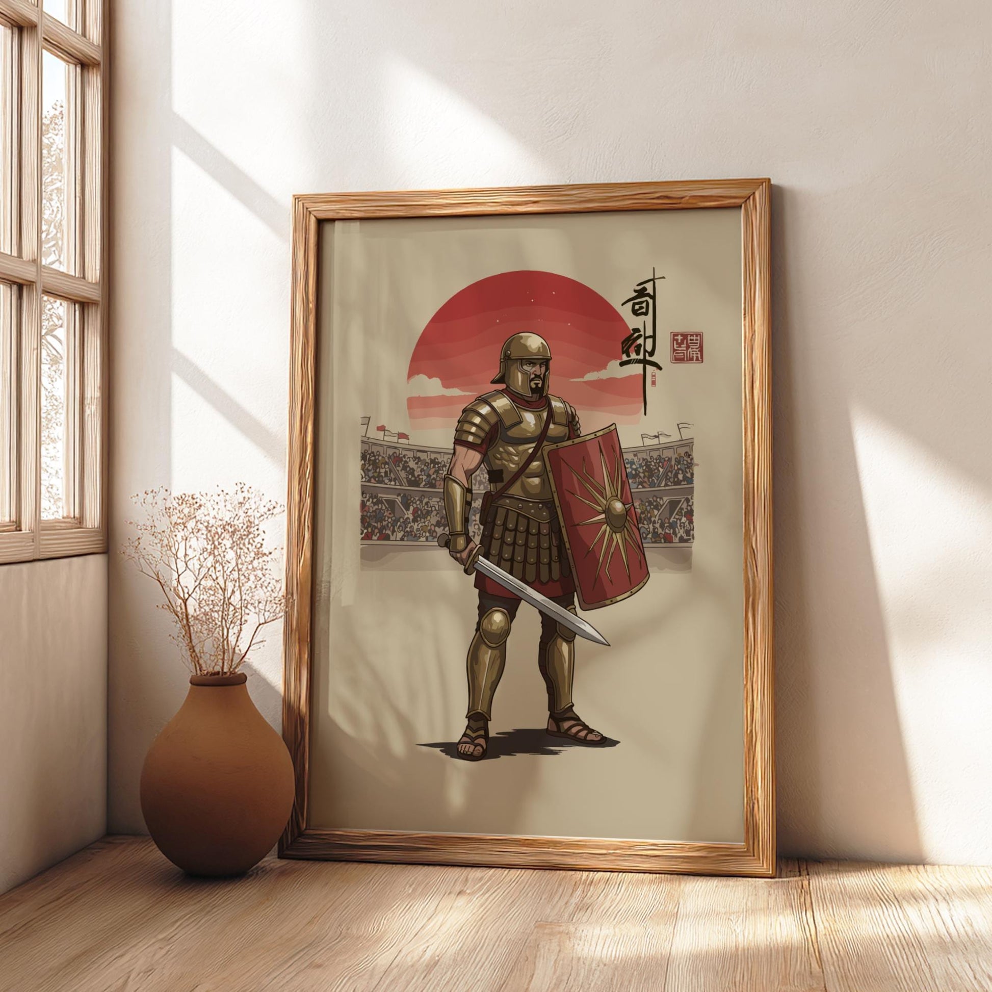 Gladiator Secutor Japanese Ink Art Print, Sumi-e Rising Sun Poster, Mixed Media Warrior Decor