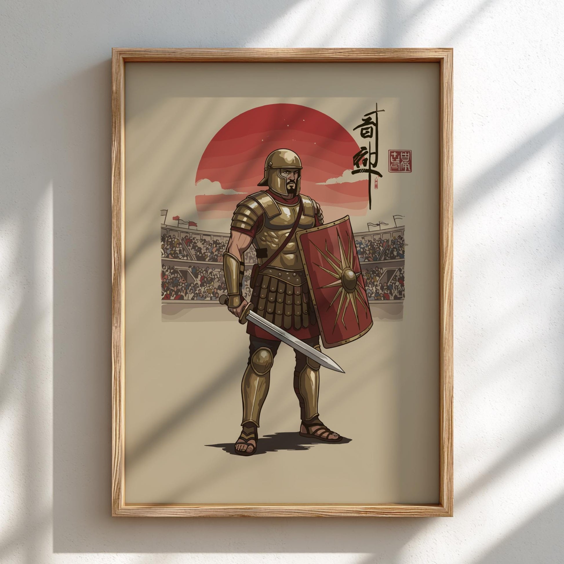 Gladiator Secutor Japanese Ink Art Print, Sumi-e Rising Sun Poster, Mixed Media Warrior Decor