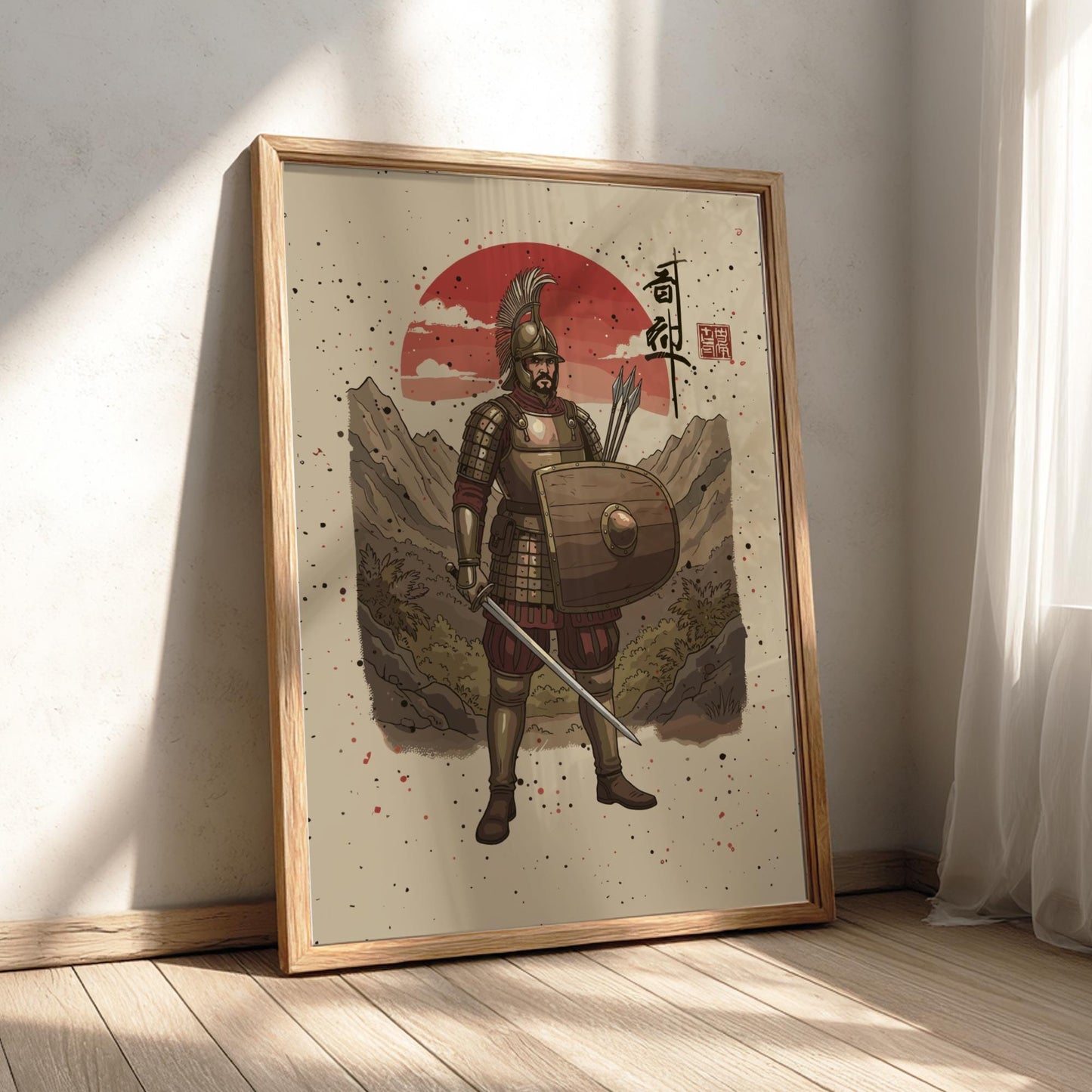 Samnite Warrior Japanese Ink Art Print, Sumi-e Rising Sun Poster, Mixed Media Wall Decor
