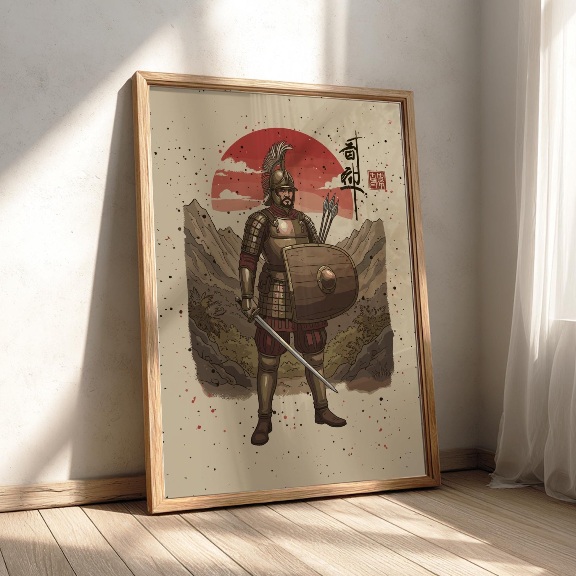 Samnite Warrior Japanese Ink Art Print, Sumi-e Rising Sun Poster, Mixed Media Wall Decor