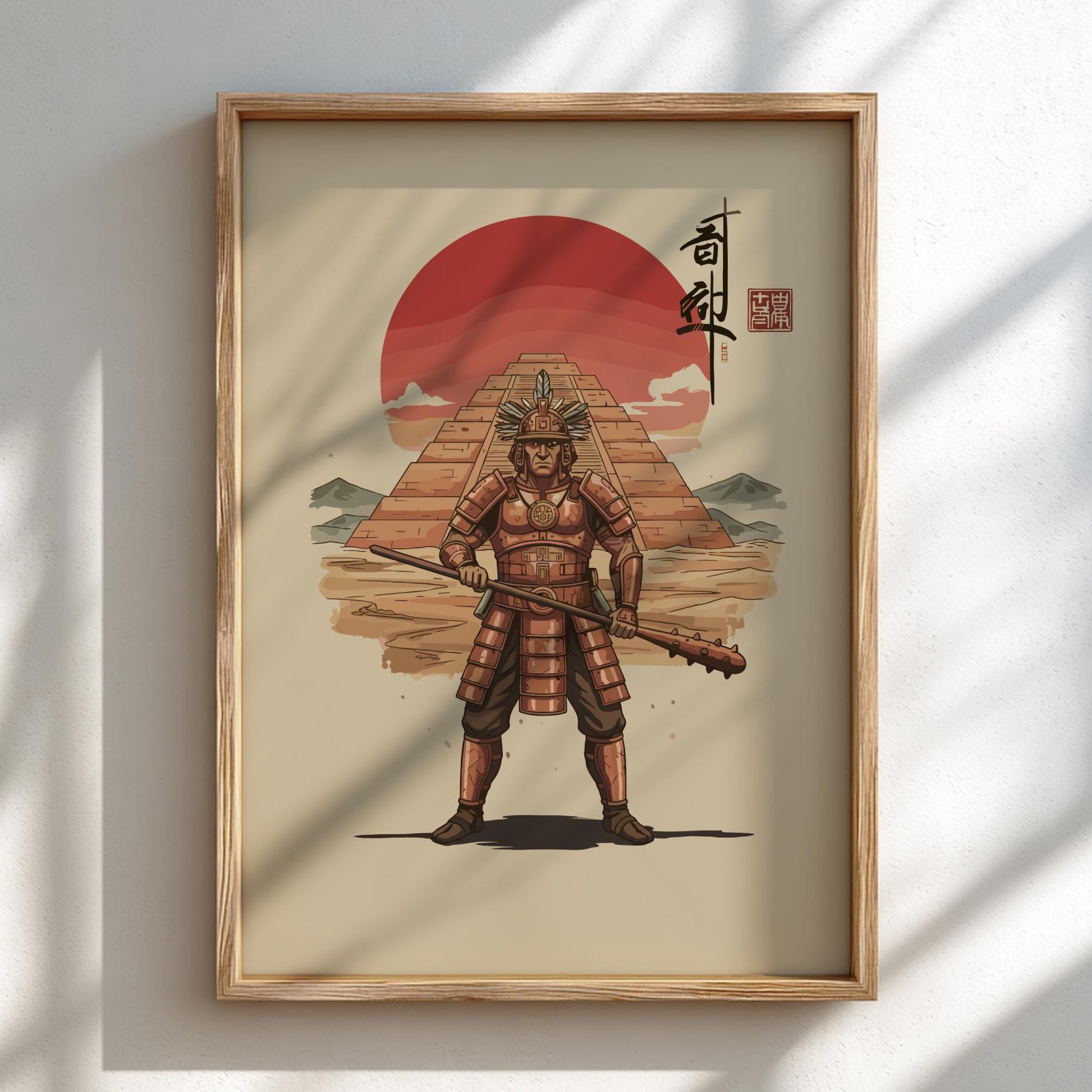 Moche Chieftain Japanese Ink Art Print, Sumi-e Rising Sun Poster, Mixed Media Warrior Decor